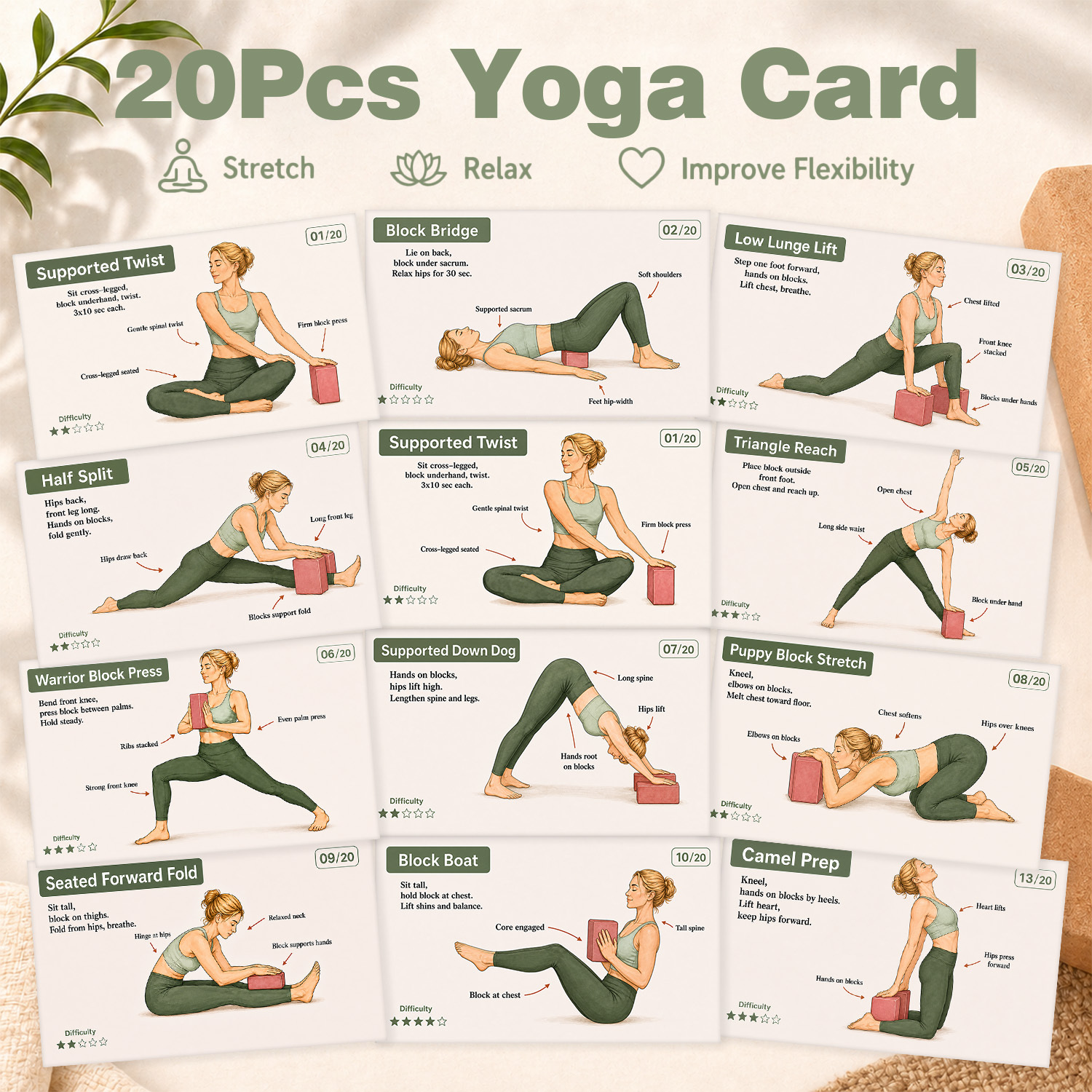 TEMU Ensemble de cartes de guide de postures de yoga, cartes d'instruction d'entraînement avec blocs de yoga, parfait pour la pratique à domicile et