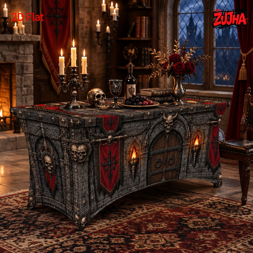 TEMU 1 pièce Nappe de table entièrement ajustée et élastique 2D à plat, Style gothique pour décoration de fête d'Halloween, Nappe de table de banquet