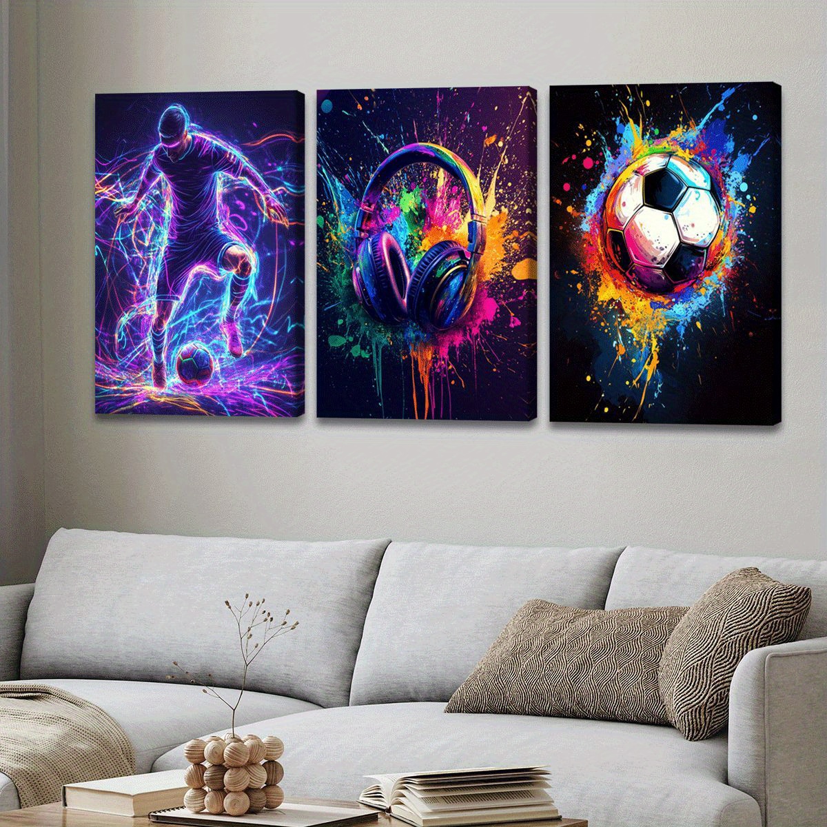 3 stuks levendige voetbal canvas kunstafdrukken - Neon voetballer, oortjes  \u0026 voetbalbalkunst, waterdicht \u0026 geurloos, ideaal voor woonkamer,  slaapkamer, kantoordecoratie, moderne muurkunst, slaapkamer ..., image size:1200x1200