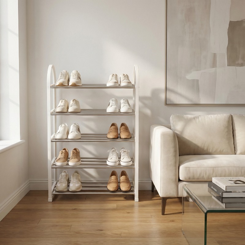 5-Tier Multifunctional Storage Rack, Narrow Bathroom Storage Rack And Shoe Rack, Easy to Install (Tool-Free Quick Assembly), Space-Saving Organizer Rack, Flexible Corner Utilization, 4 Sturdy Metal Tube Shelves Per Tier, Standing Shelf