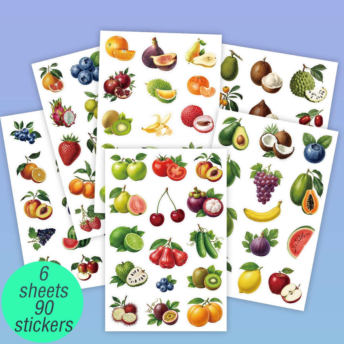 E-shop 90 Frucht- und Gemüse-Sticker auf 6 Blatt, zum Dekorieren von Wasserflaschen, Laptops, Notizbüchern und Skateboards oder Gepäck