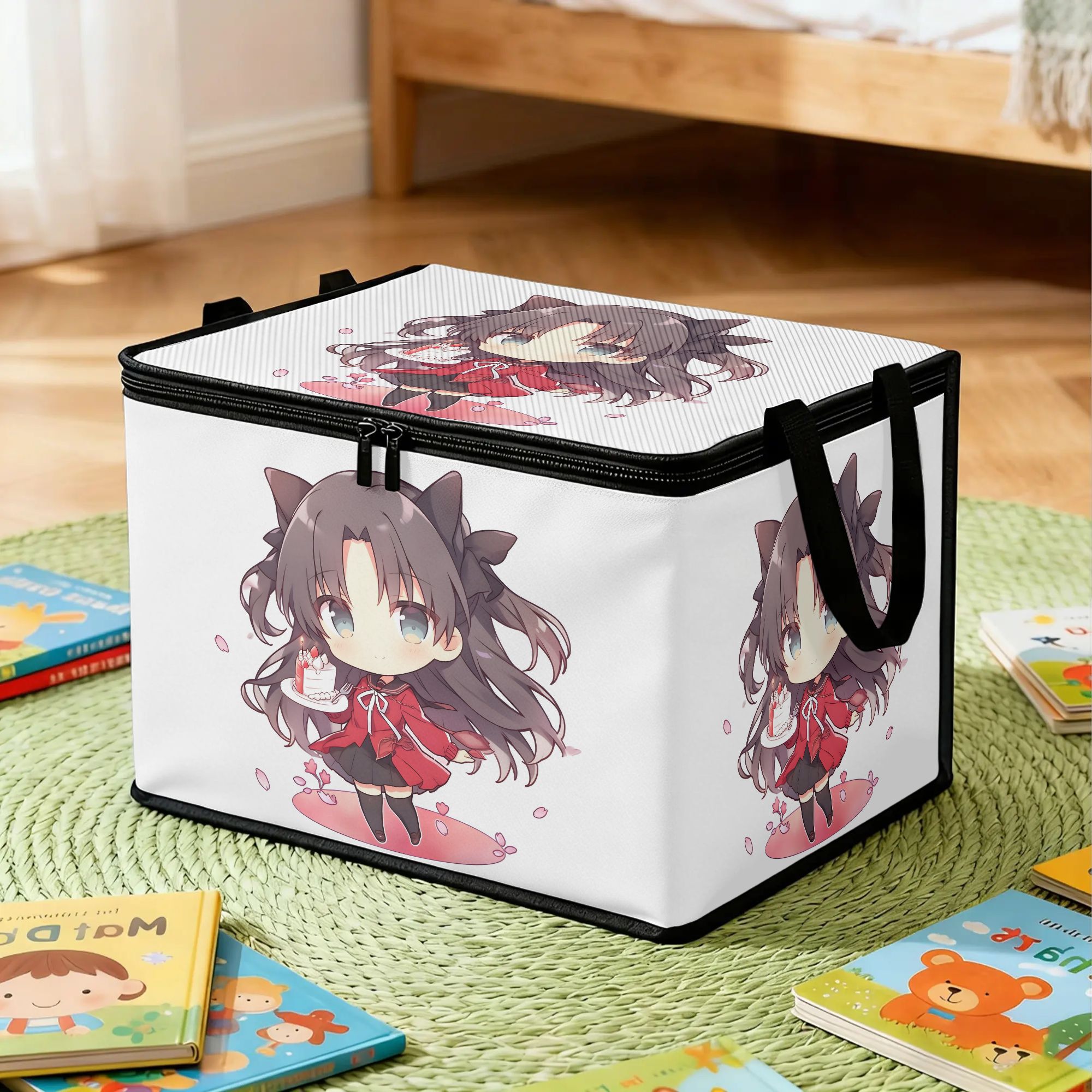 large capacity foldable zipper storage organizer suitable for bedding clothes chibi anime with rin ft themed design polypropylene folder for bed sheets clothes dorm room organization cute anime room decor for 2d flat
