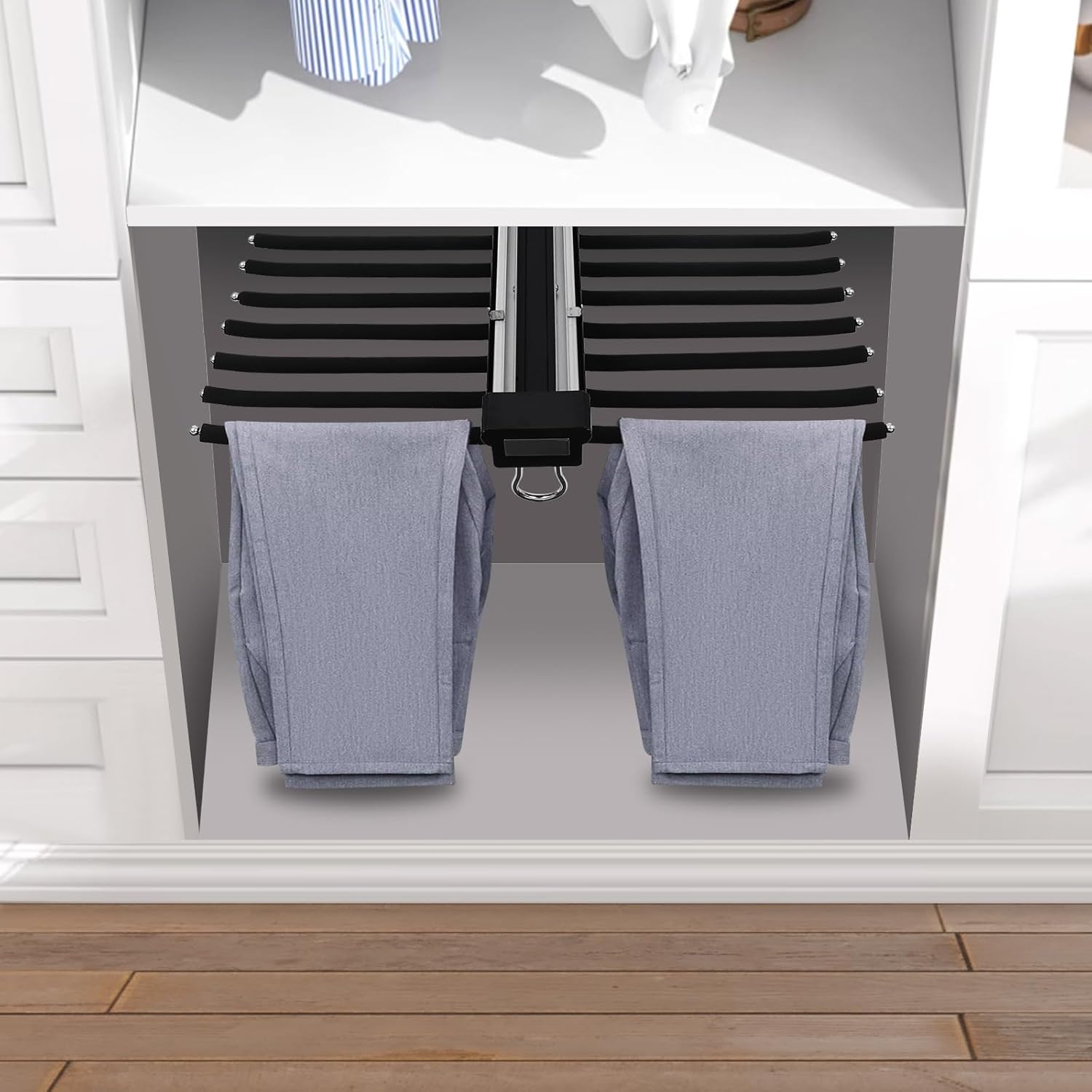 Image of Extendable Trouser Rack, Double Row, Trouser Rack With 22 Rods, And Space-saving, Load Capacity Up To 33 Lbs, Made Of Metal With Flocking, For Wardrobe (black)