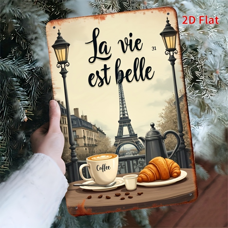 TEMU Plaque Murale Plate 2D, 1 pièce, Café Français - Plaque Vintage en Bois avec Eiffel, Croissant et Décoration Café, Convient pour une Utilisation