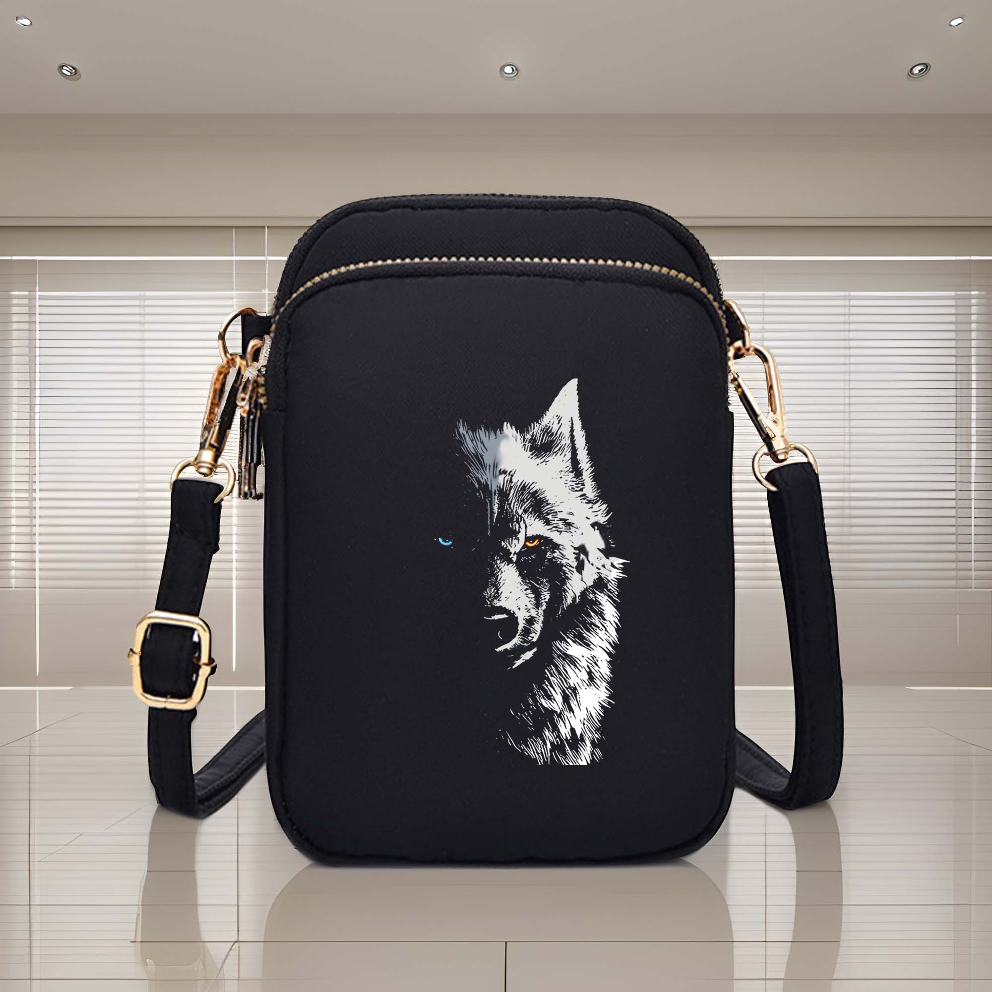 1pc Wolf Head Print Crossbody Messenger Bag with Headphone Port, Mini Smartphone Pocket, * Zipper Design &amp; Adjustable Strap - Lightweight Ha