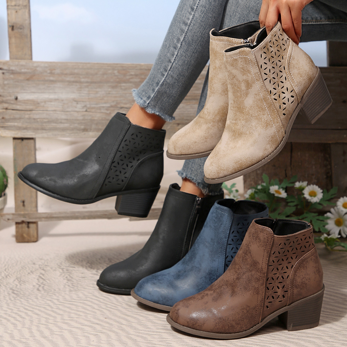 item picture womens   distressed design cut out ankle boots with chunky heel and side zipper breathable perforated western boots for   versatile commuter ankle boots for indoor and outdoor wear women shoes