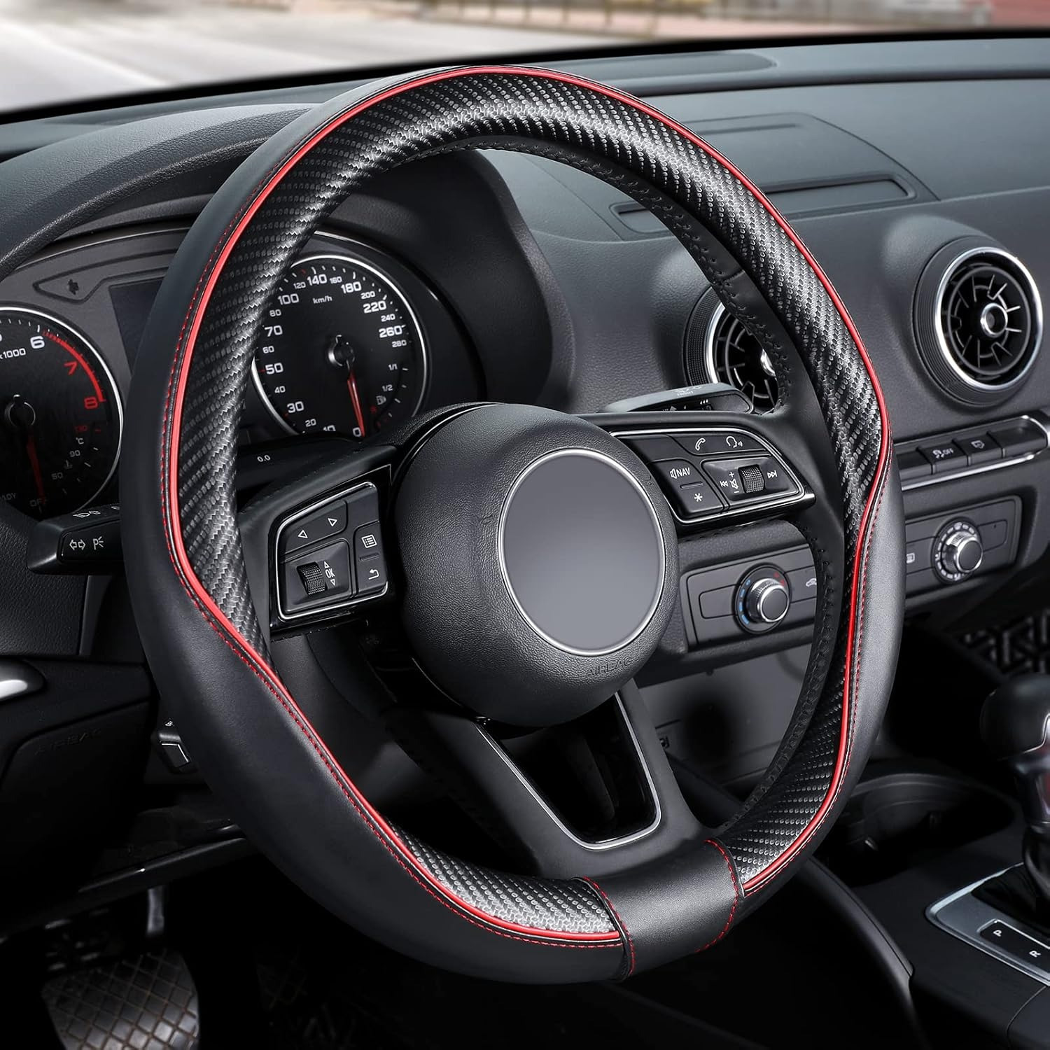 1pc carbon fiber steering wheel cover comfortable grip non slip pu leather with red stitching     for standard 14 5 15 36 5 38cm cars