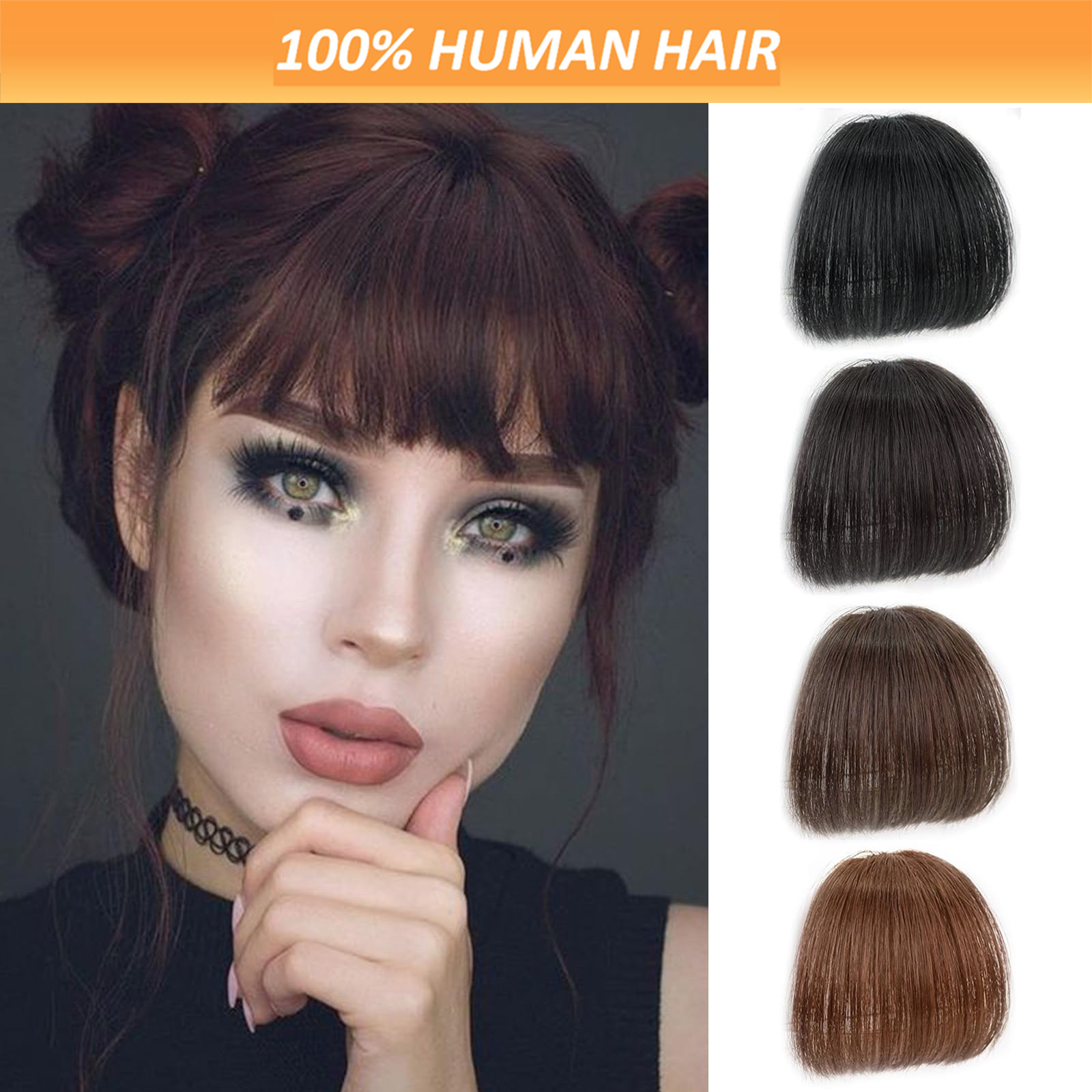 women s clip-in human hair bangs - natural look front fringe extensions, easy to apply no   needed, dark brown/black/, straight hairstyle for everyday &   - salon-quality hairpiece for added volume & dimension details 1