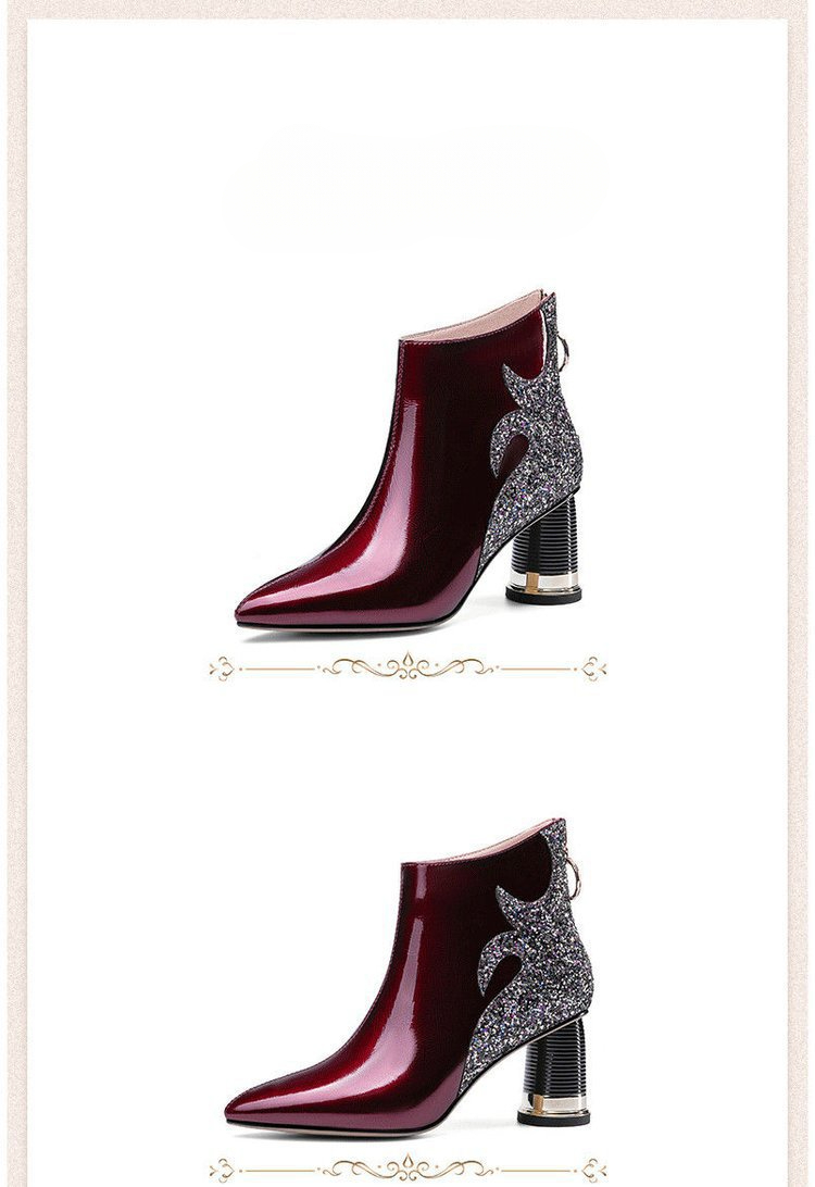 Women's Plus-Size Chunky Mid-heel Ankles Boots - Pointed Toe Zipper Closure Party Boots in Burgundy/Red, Synthetic Cover Outfits Shoes for Formal Events, Everyday & Special Occasions - Hand Washable, Formal Footwear, Rhinestone Embellishments, Textured Finish