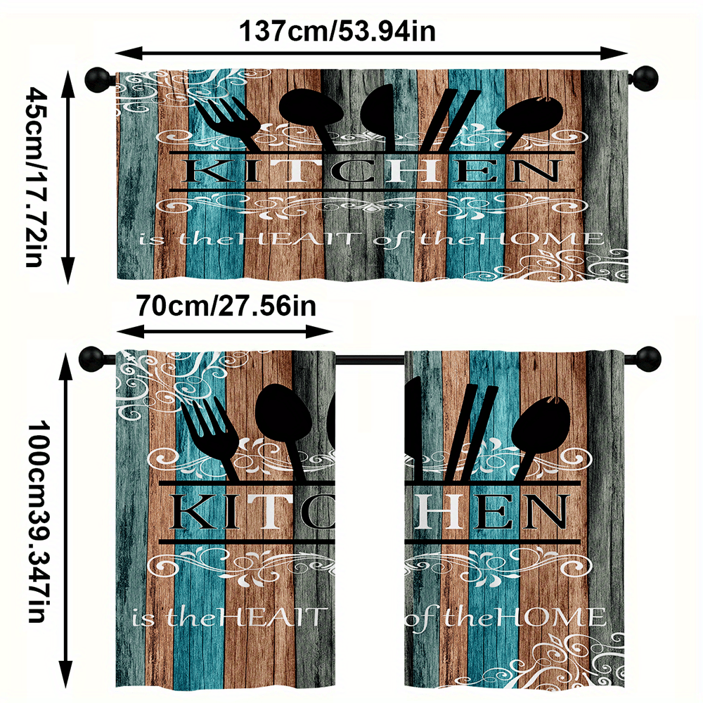 TEMU 3pcs Set Of Kitchen Curtains Featuring Kitchenware Designs On A Blue And Brown Background For Home Decor.