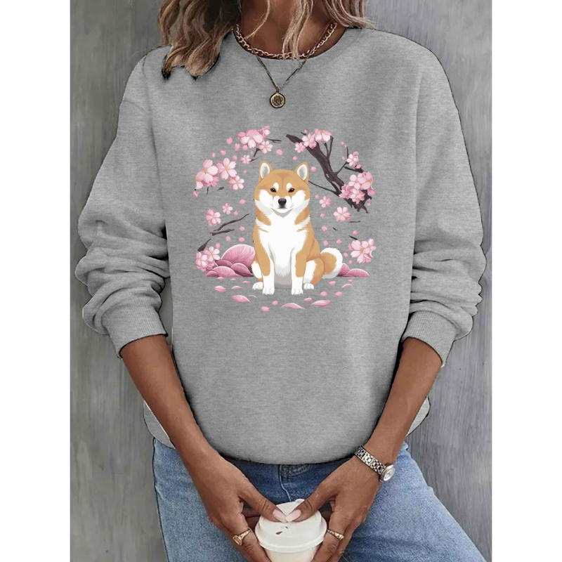 

Inu Cherry Blossoms Sweatshirt, Crew Neck Casual Sweatshirt For Fall & Spring, Women's Clothing