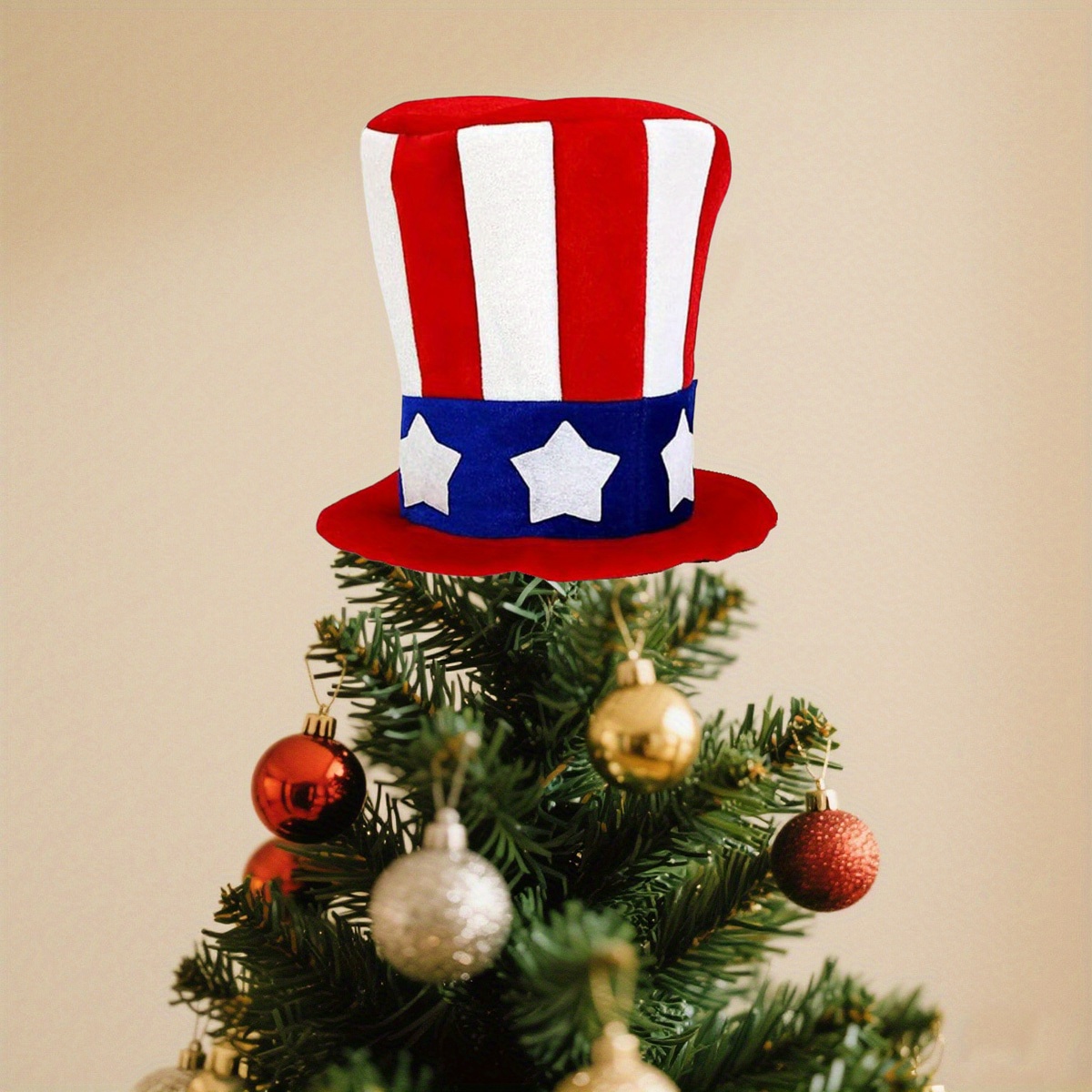   Patriotic Tree Topper - Star-Striped Fabric Top Hat with American  ,     Christmas Tree Decorations,   Decoration | American   | Durable Fabric Hat, Christmas Tree Decorations