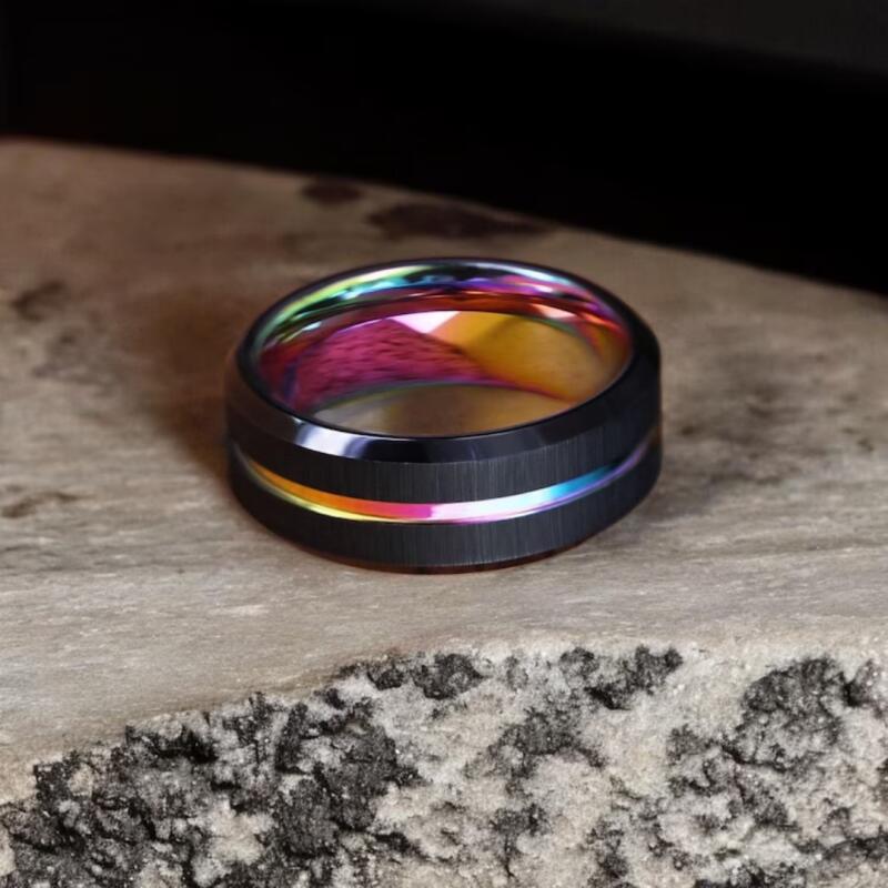 Men's Rainbow Tungsten Ring with Black Brushed Finish