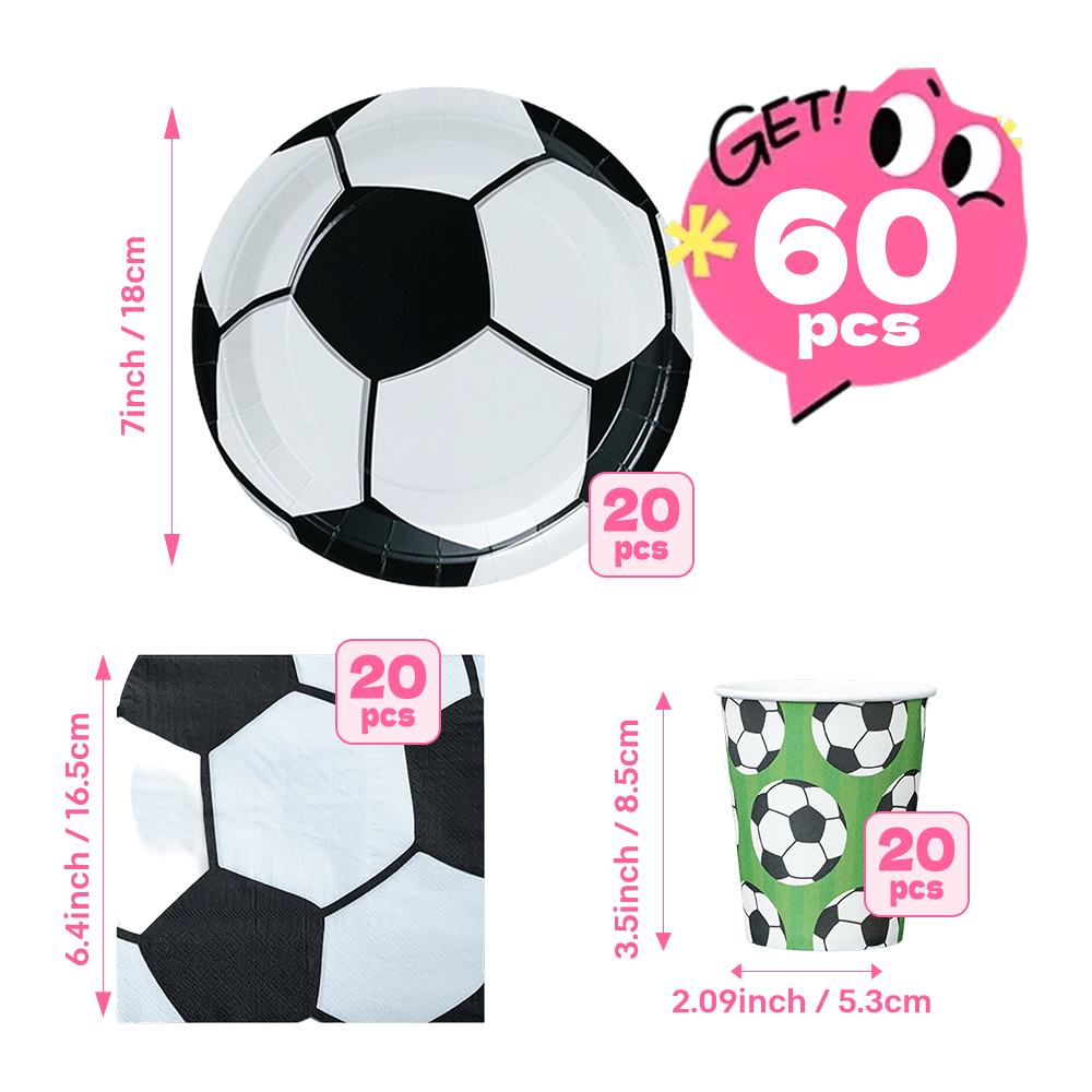 Image of Soccer Event 2026 - 60pcs Football-themed Disposable Party Tableware Set (20pcs 7-inch Plates, 20pcs Napkins, 20pcs Cups), Black And Football Texture Print
