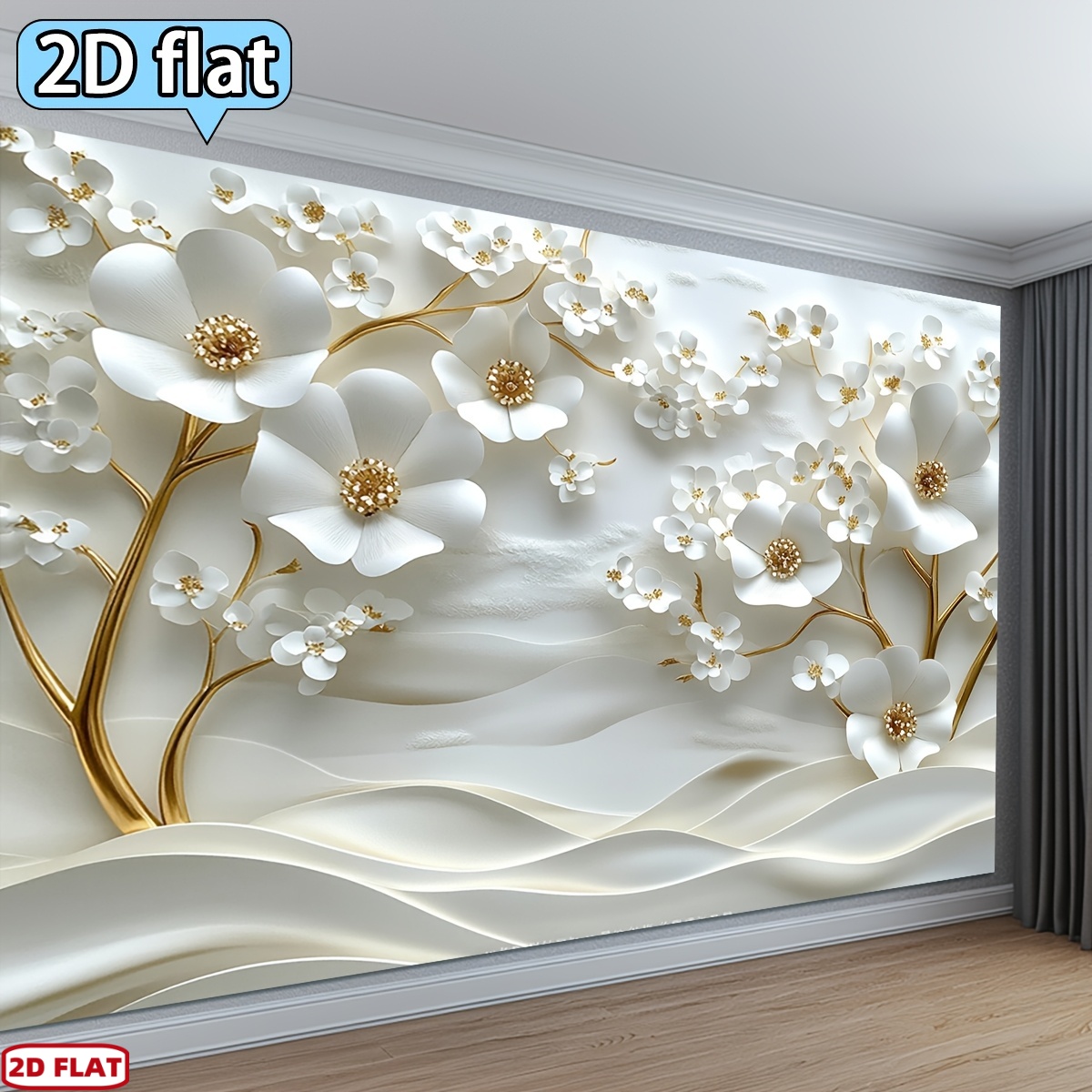 TEMU 2d Flat, 2d Flat - 2d Flat Banner, 1pc Polyester White Golden Embossed Flower Background Cloth, Elegant Printed With White Flowers, Golden
