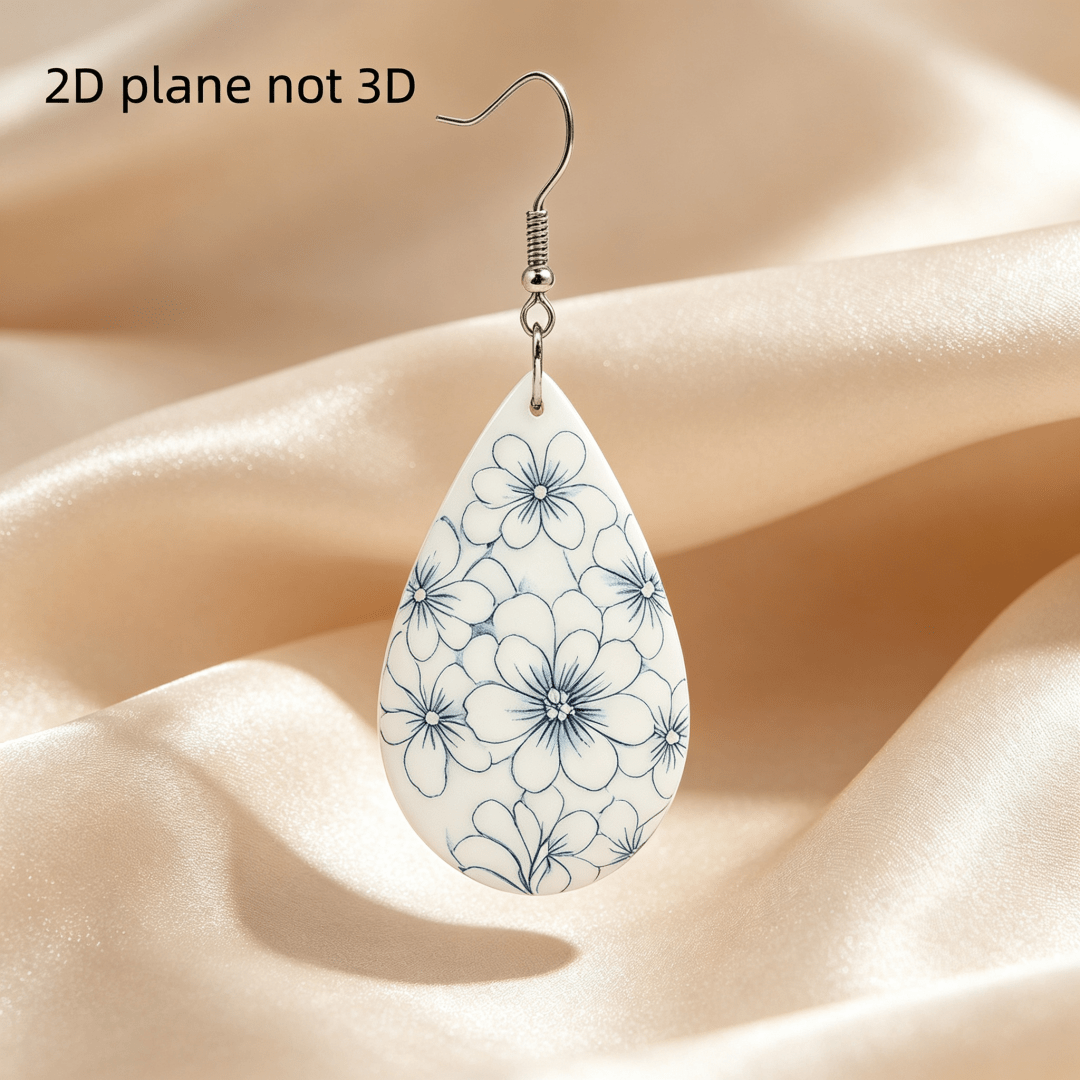 Blue White Floral Teardrop Dangle Earrings, Vintage Style