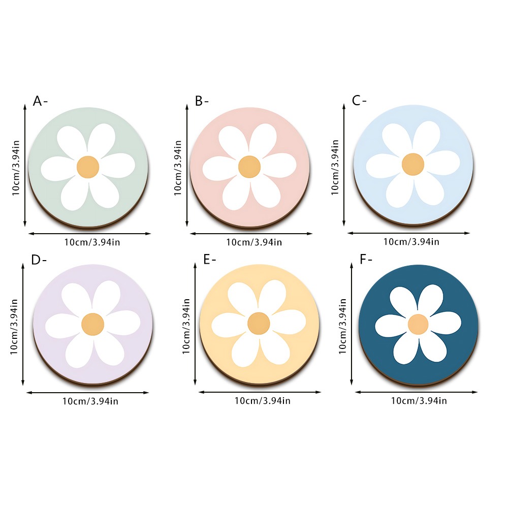 TEMU 6pcs Color-block Small White Floral Print Thickened Wooden Coasters, Simple And Fresh Texture With Versatile Design, Perfect For Or Flower Shop