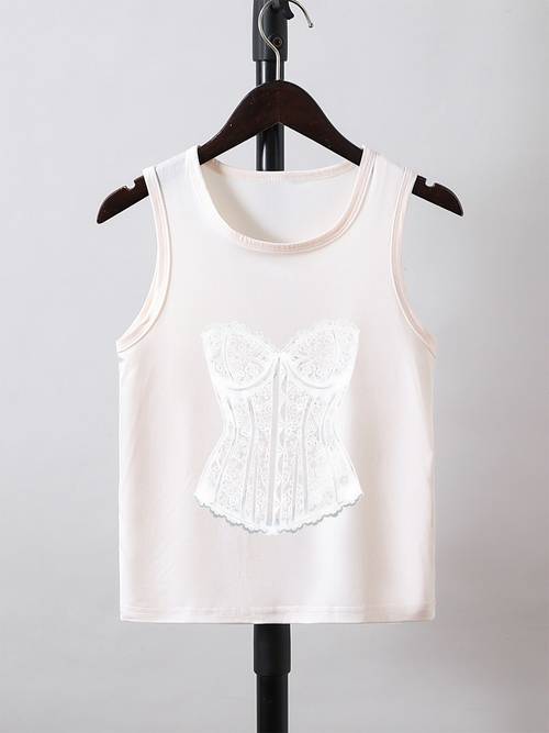 colete de malha com de corpete modelador de court lace shaping para meninas, moda de verão (3-12 ), desportivo casual sem , redonda, t-shirt, estilo atlético