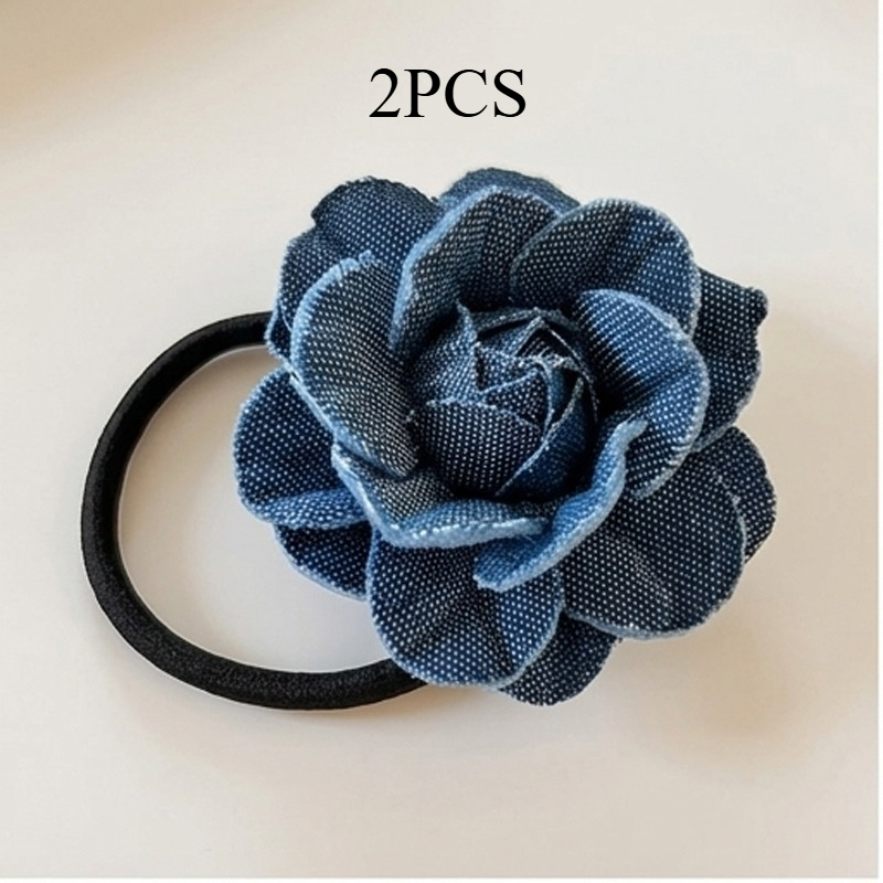 TEMU 2er-Set blaue Blumen-Haarspangen für Damen, elegante Kamelien-Scrunchies, Retro-Blumen-Haargummis, Kopfschmuck für Schülerinnen, kleine Größe,