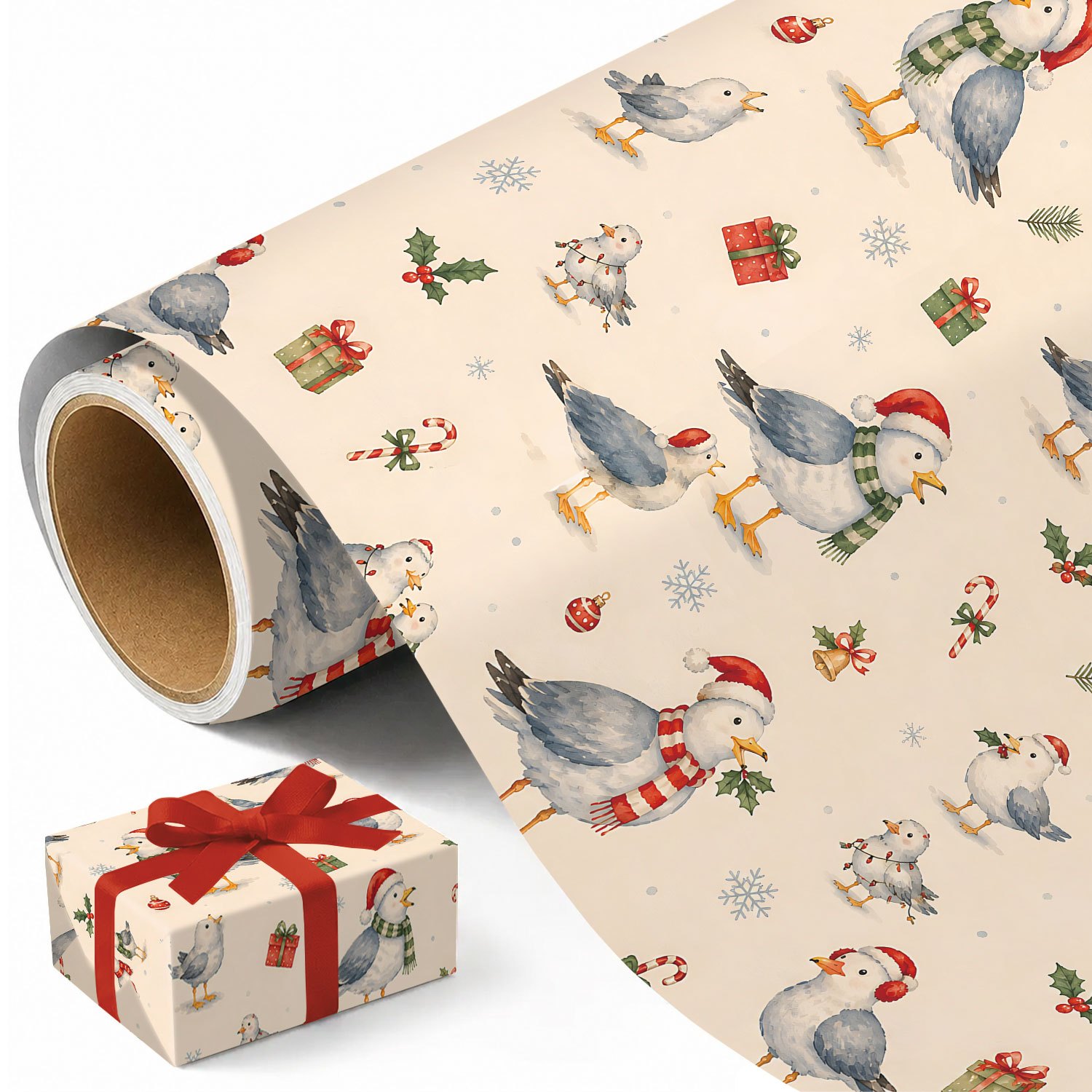 TEMU 1 Rouleau de Noël Hérons | Design et Doux en Aquarelle avec Hérons, Bonnets de Père Noël, Écharpes Tricotées, Muffes, Boîtes Cadeaux, de Houx,
