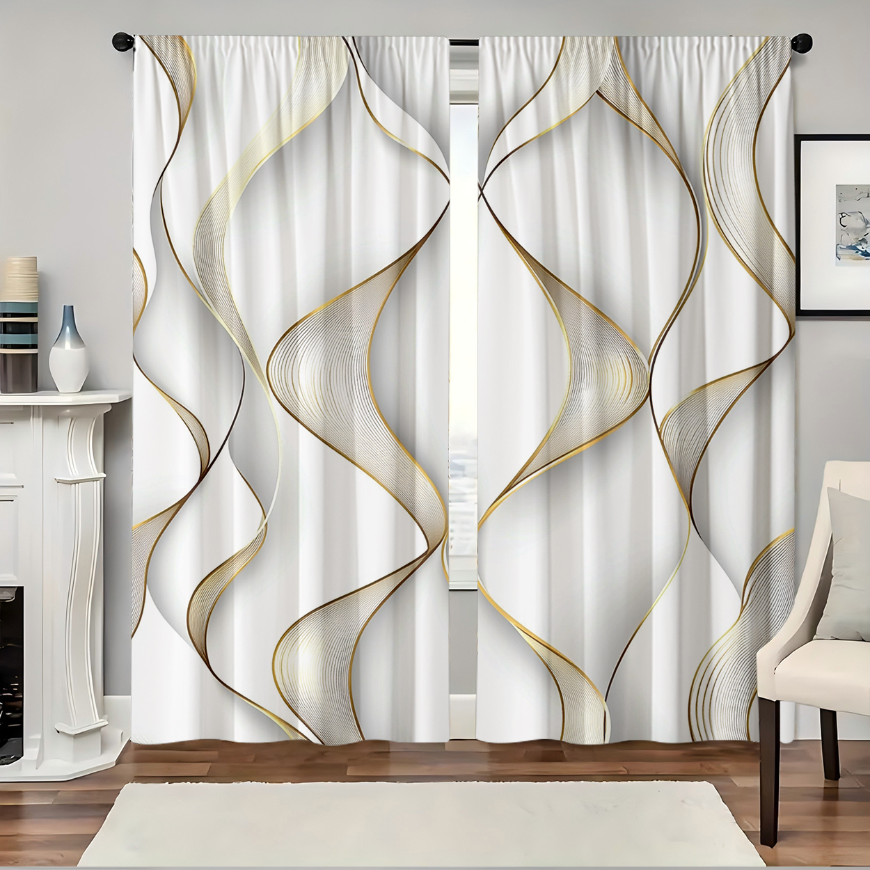 TEMU Lot de 2, Matériau Polyester, Imprimé Motif Rayures Dorées HD Numérique, Rideau Filtrant , Convient pour Chambre, Salon, Bureau et Décoration de