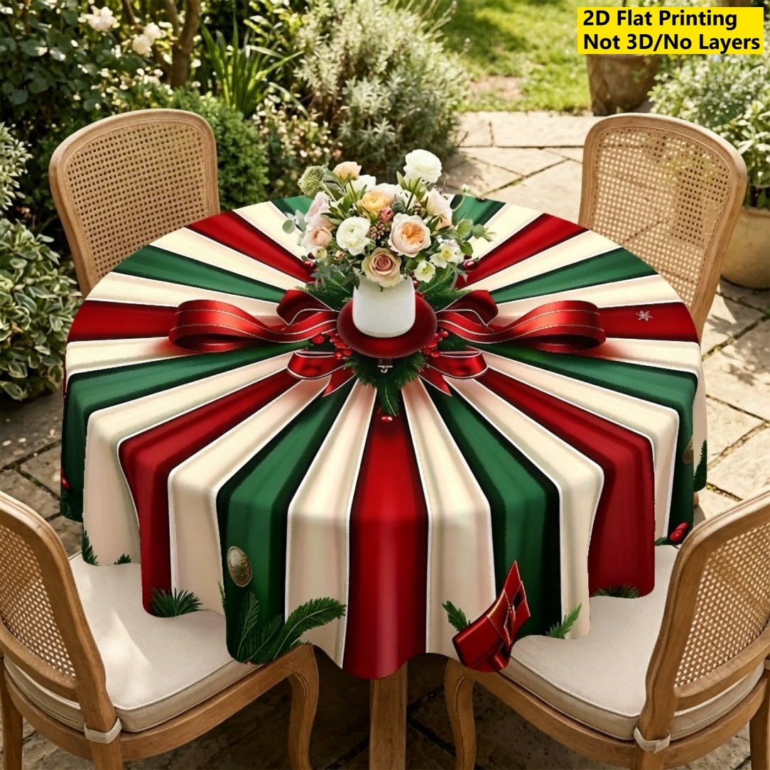 TEMU 2d Tablecloth, 1pc, Christmas Candy Style Round Tablecloth, Red And Green Contrast Color For Home Dining Room Decoration, Christmas Ball And Bow