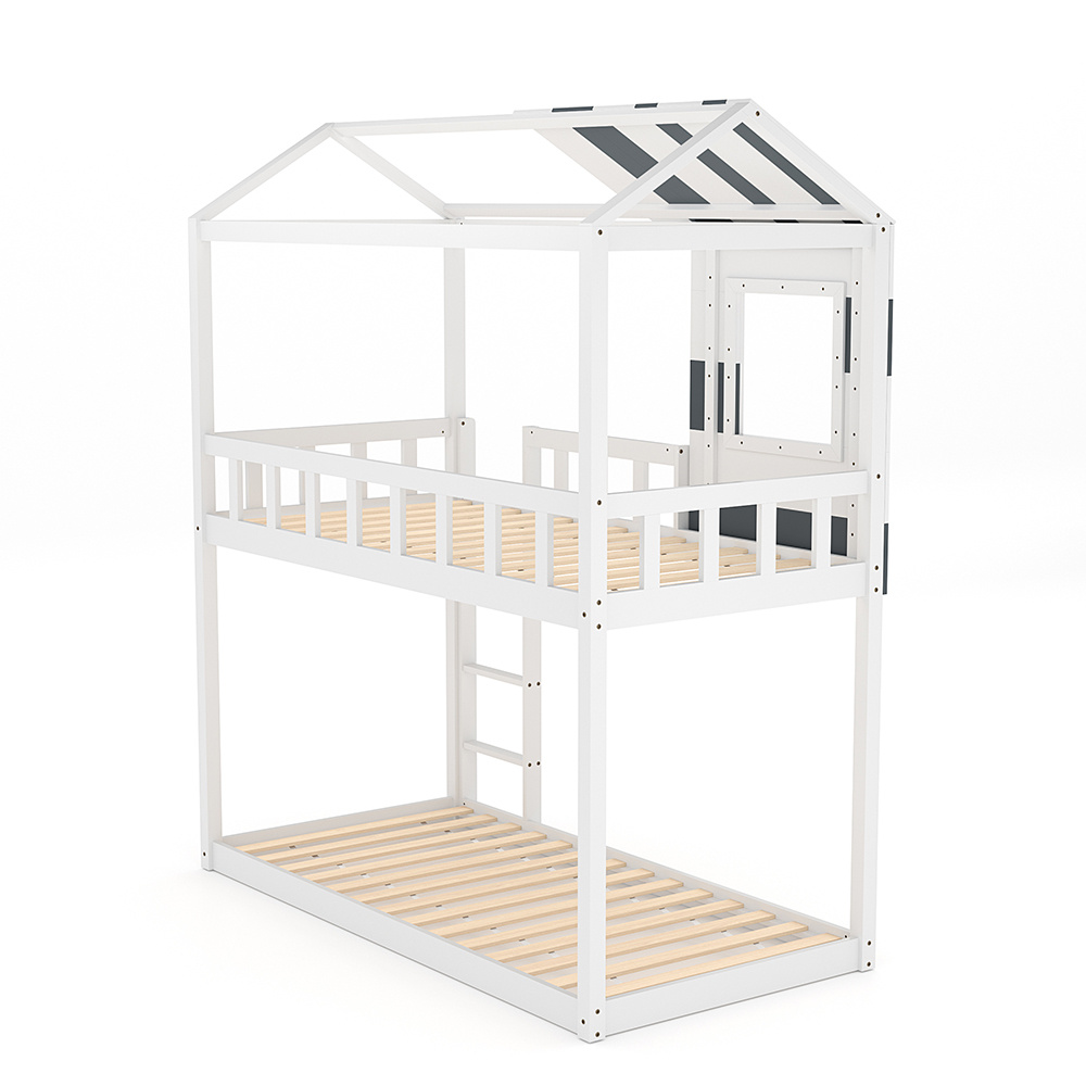 1pc Contemporary Double Over-Double Bunk Bed with Ladder, No-Box-Spring Required, Hardwood and Artificial Board Construction, Teen Age Range, Easy Access Design, Wooden Materials, No Electricity Needed