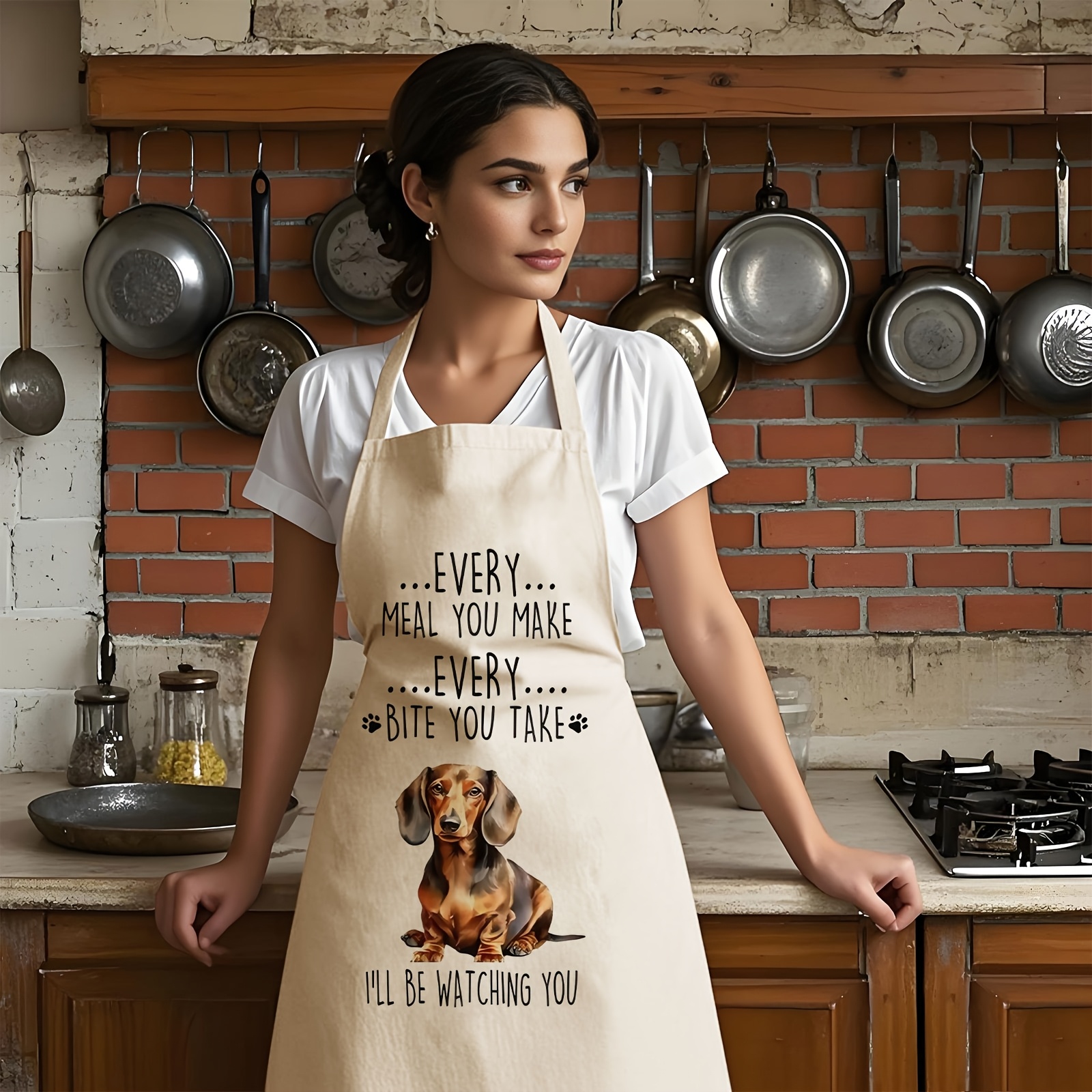TEMU 1pc 2d Flat Printing Dachshund-themed Linen Apron- " Meal You Make, Be Watching You" Design, Comfortable Durable For Cooking, Cleaning,