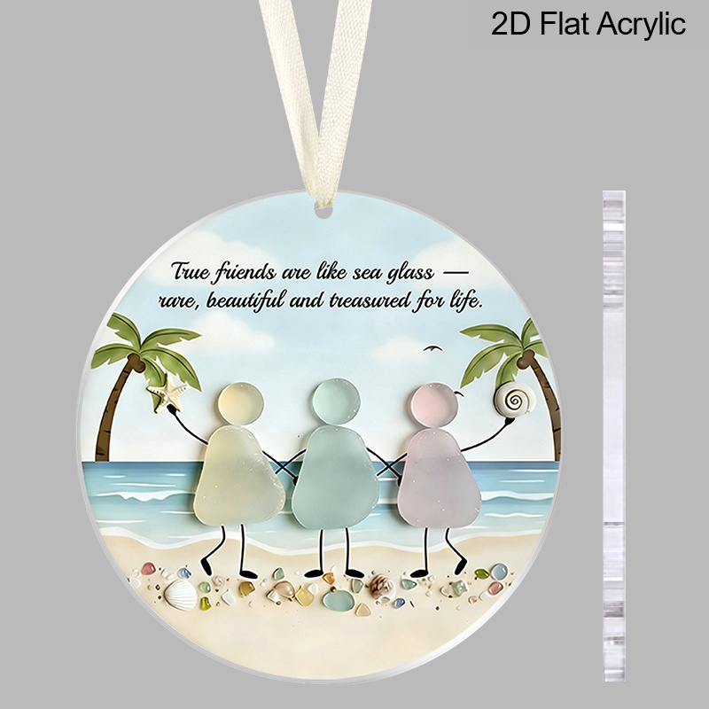 TEMU Plat 2D, Plate 2D, 1 pièce Ornement d' en acrylique sur le thème de la plage, Pendentif rond effet verre de mer avec citations pour meilleur(e)