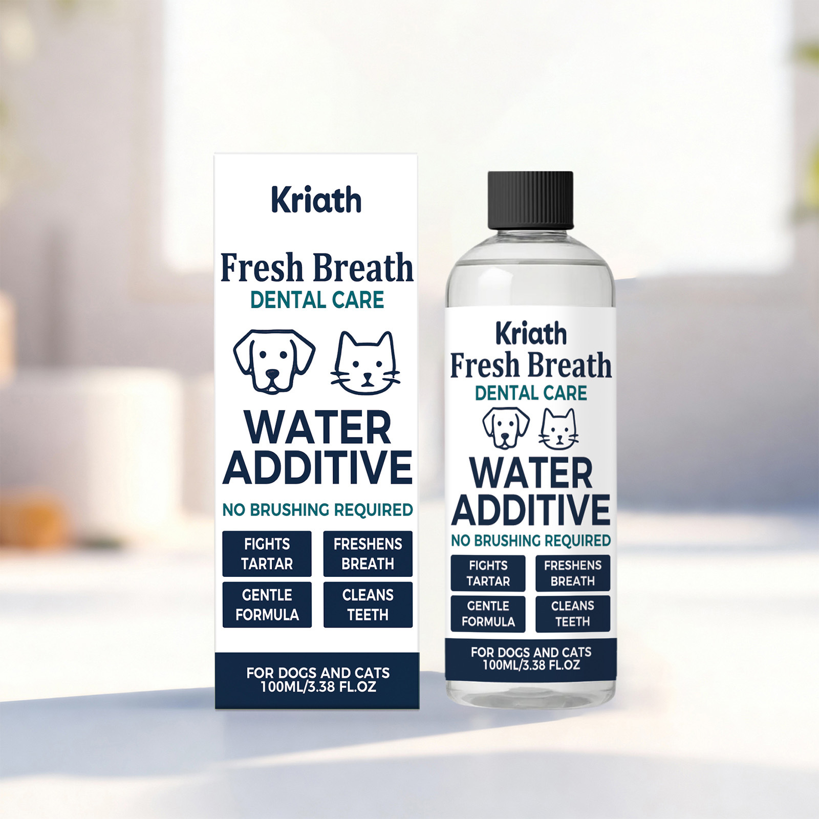 Kriath Fresh Breath Dental Care Water Additive, 100ML/3.38FL.OZ - No Brushing Required, Gentle Formula for Dogs & Cats, Fight Tartar, Freshen Bad Breath, Clean Teeth, Professional Oral Care Essential for Healthy Gums & Fresh Mouth in Pets