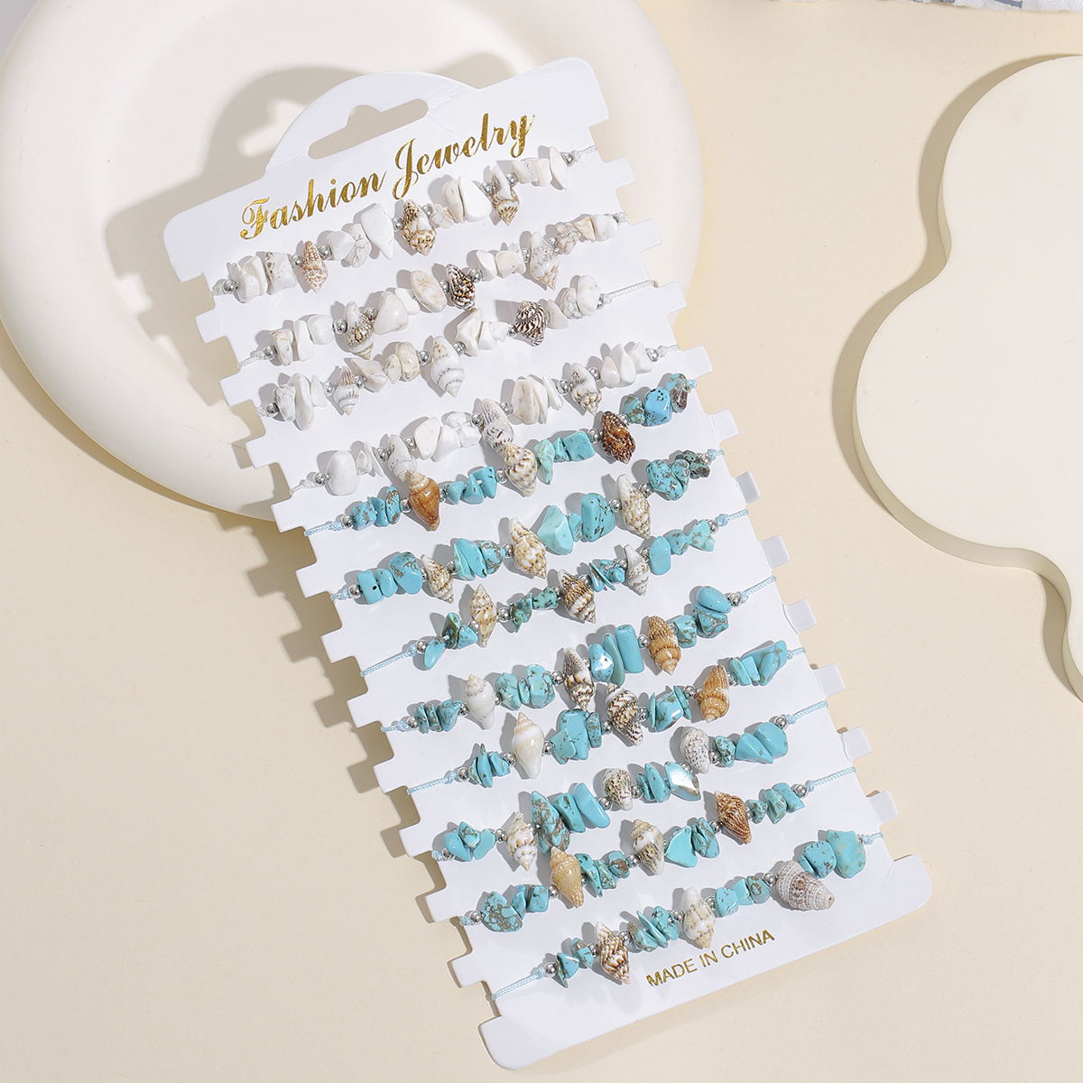 E-shop 12-teiliges Freundschaftsarmband-Set, Blau-Weißer Ozean-Stil Muschelperlen-Armband mit Kieselsteinen, Verstellbares Geflochtenes Seil,