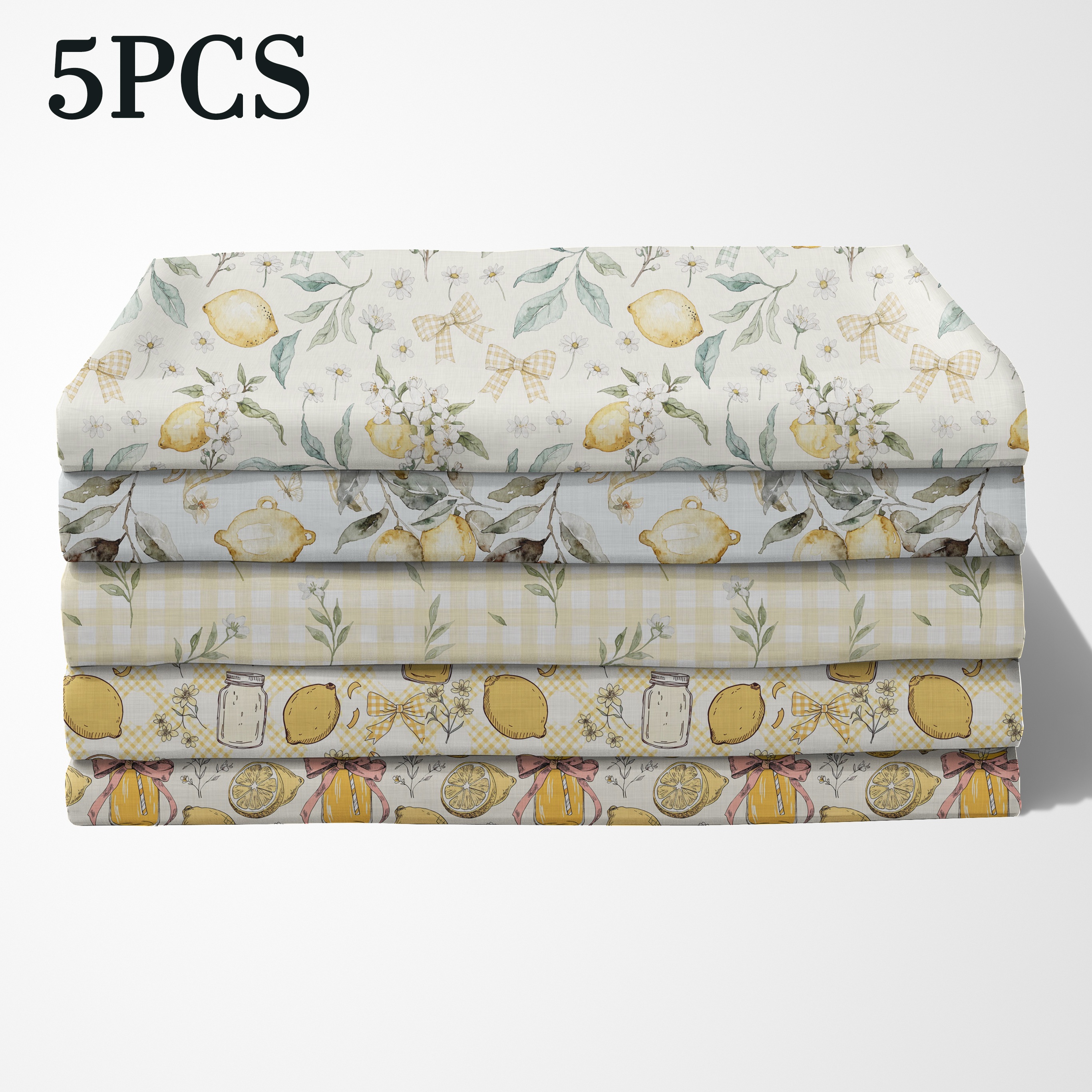TEMU 5pcs Fat Quarter Fabric Pre-cut Panels - 5 Designs Suitable For , Quilting & Diy Crafts With Watercolor Lemon Slices, Plaid Bows, Glass Prints,