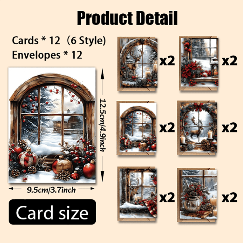 TEMU Originale, Version Améliorée avec Carton Épais de Qualité Supérieure, 12 Cartes de Vœux de Noël avec 12 Enveloppes, Fenêtre de Noël Vintage,