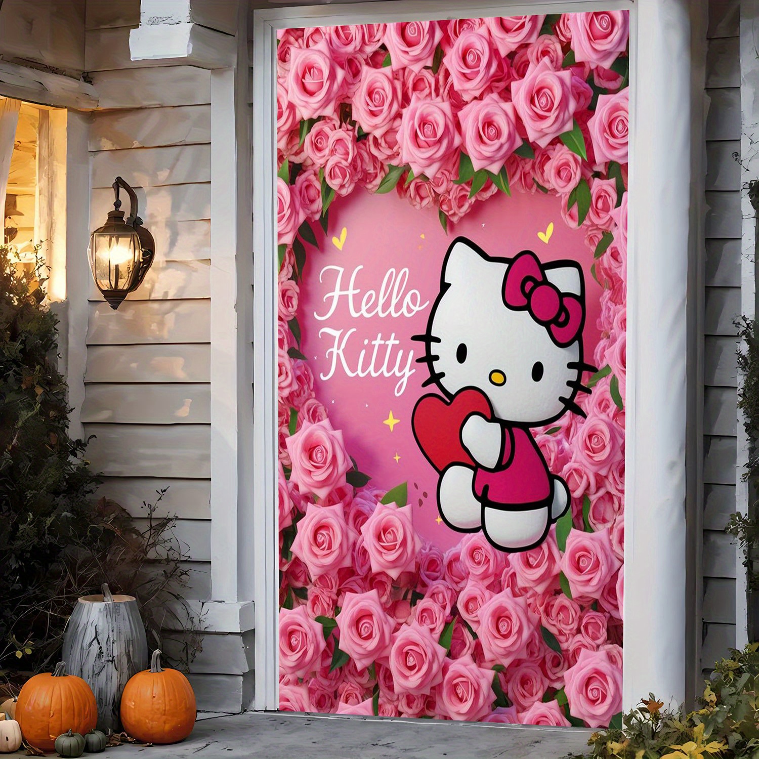 

1pc Sanrio Hello Kitty Door Curtain - Pink With Roses & Hearts, Polyester, No Power Required, Ideal For Indoor/outdoor Halloween, Christmas, Valentine's Day, Easter Decorations