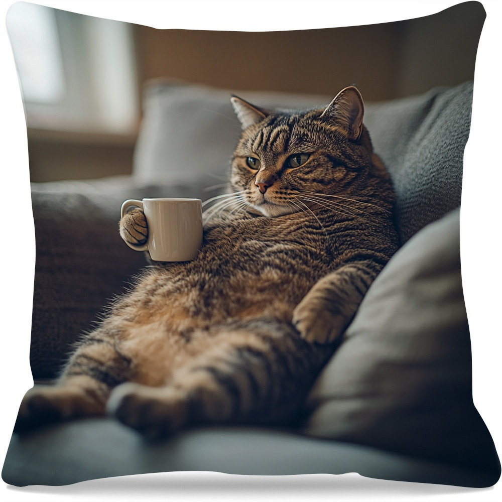 TEMU 1pc Comfortable Fat Cat Coffee Pillowcase - Soft, Comfortable, And Polyester Short Plush Fabric, Single-sided Print, Durable Polyester Fiber,