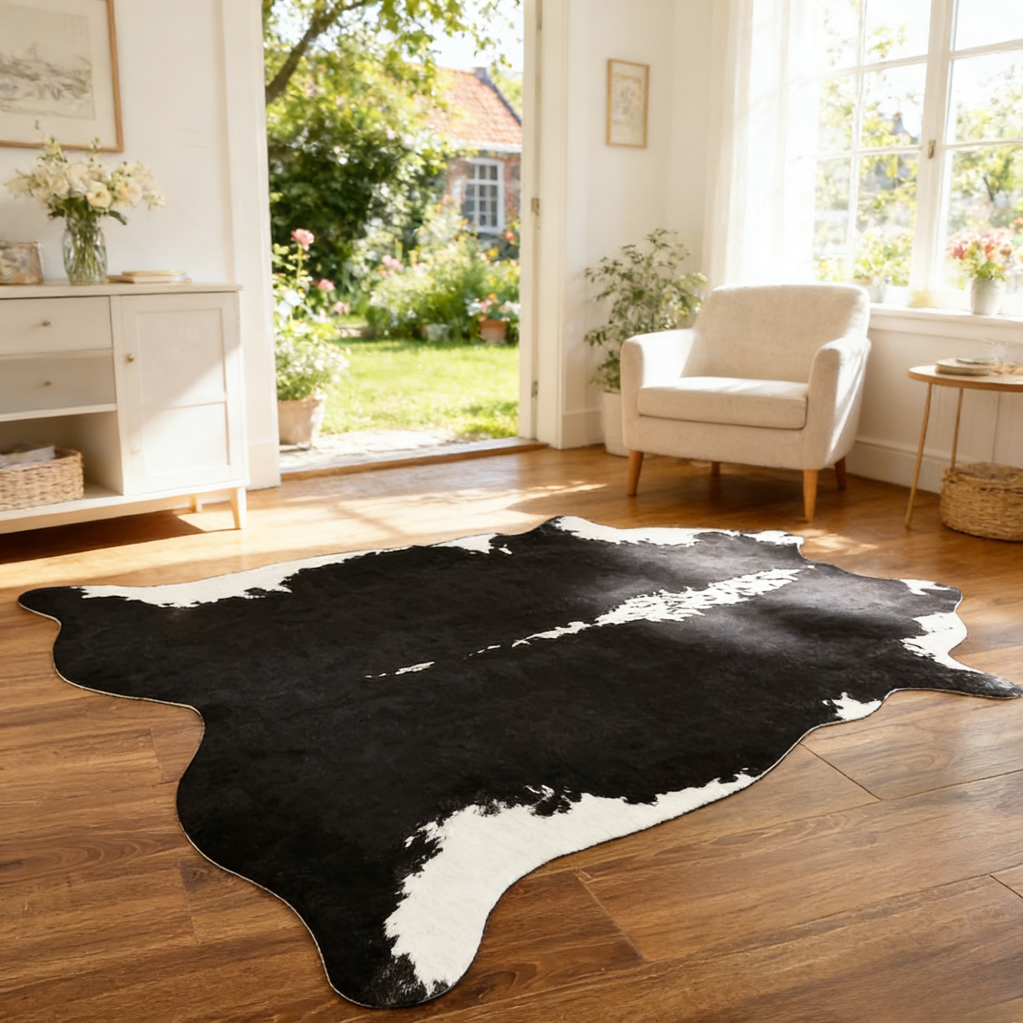 Image of Cowhide Rug Black, 4.6x5.2 Feet/5.2x6.2 Feet, Non-shedding Soft Cow Hide Pattern Area Rug, Easy Clean Modern Rug For Living Room Bedroom