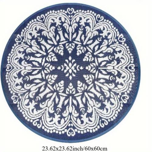 round outdoor compatible for porch garden deck blue white nautical mediterranean floor mat soft woven texture machine washable circular suitable for balcony patio terrace fiber