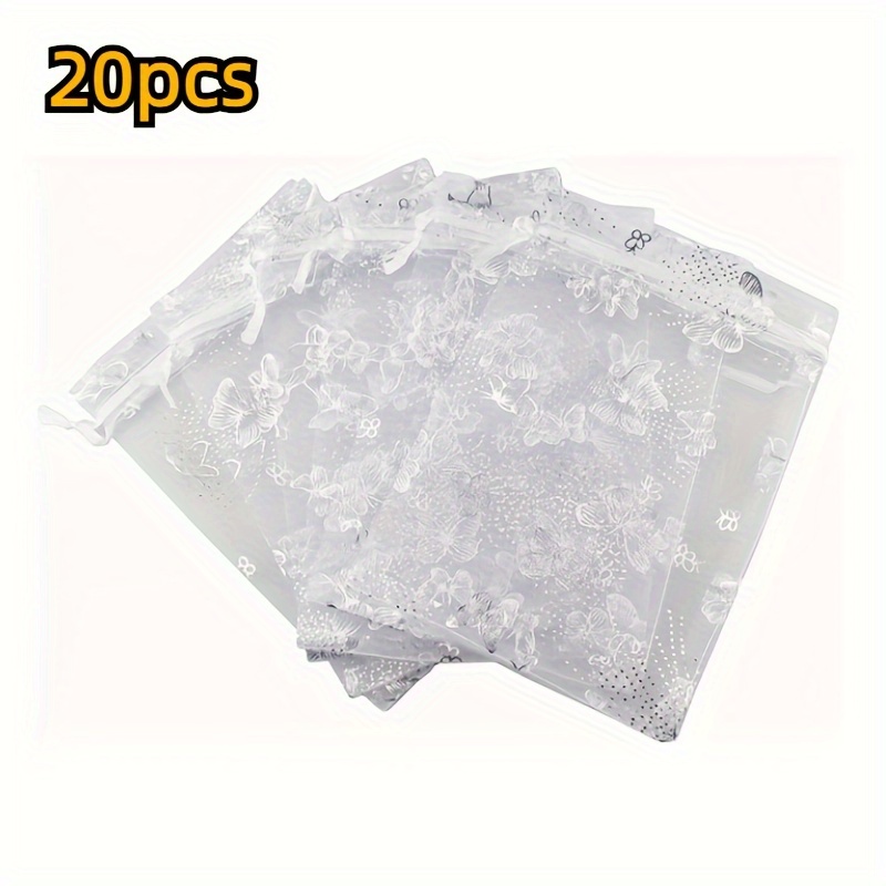 TEMU Regalo para Ella/Él 20pcs Bolsas de Regalo Premium Pequeñas de Organza Blanca con Cordón, Diseño de Mariposas y Flores - Perfectas para Dulces y