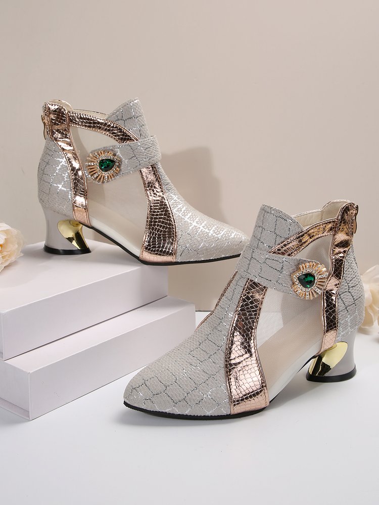 2025 Light Luxury Fashion Pointed Toe Mid-Heel Women's Ankle Boots, New Outdoor Mesh Rhinestone Metal Decor Color-Block Back Zipper Plus Size Fashion Boots, 11 Holiday Versatile Women's Shoes, Holiday Boots, Outdoor Footwear, Retro Style, Versatile