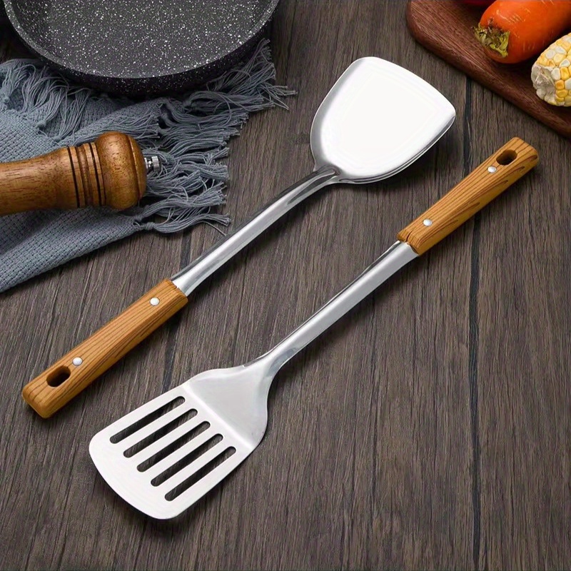 

Steel Set - - Includes Spatula, & Slotted - Wood For Cooking