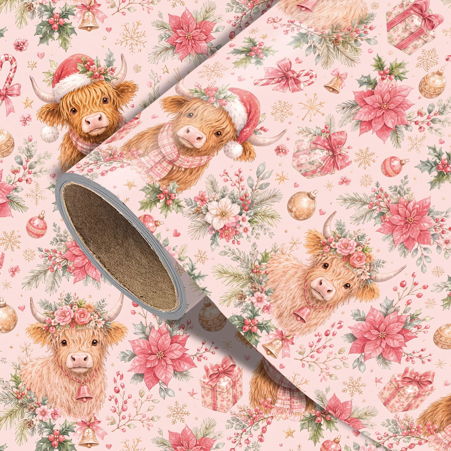 TEMU 1 Roll Pink Christmas Wrapping Paper - Xmas Cute , Designs For Holiday - Measuring 45cm × 300cm (17.7in × 118in)