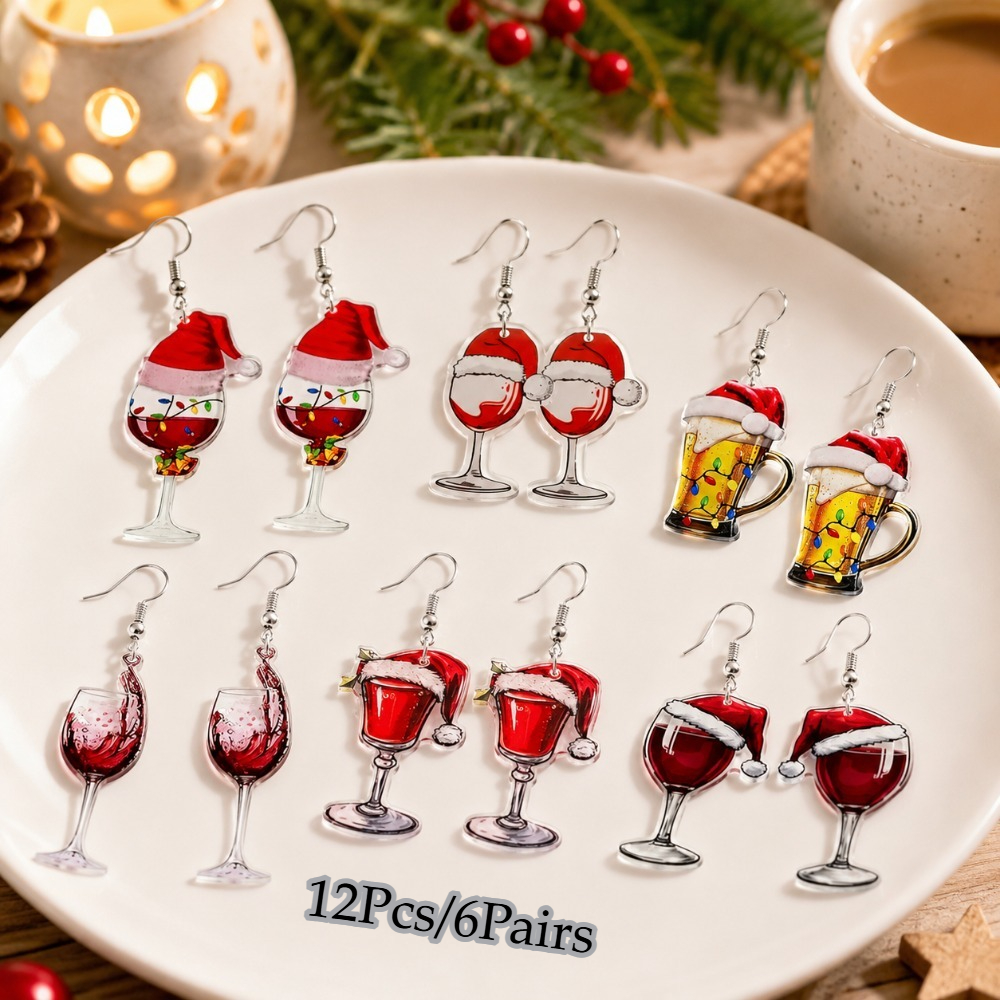 TEMU 12pcs/6 Pairs Fun Acrylic Wine Cup Earrings Set, Santa Hat And Beer Mug Studs, Women's Christmas New Year Party Jewelry, Holiday Decorations,