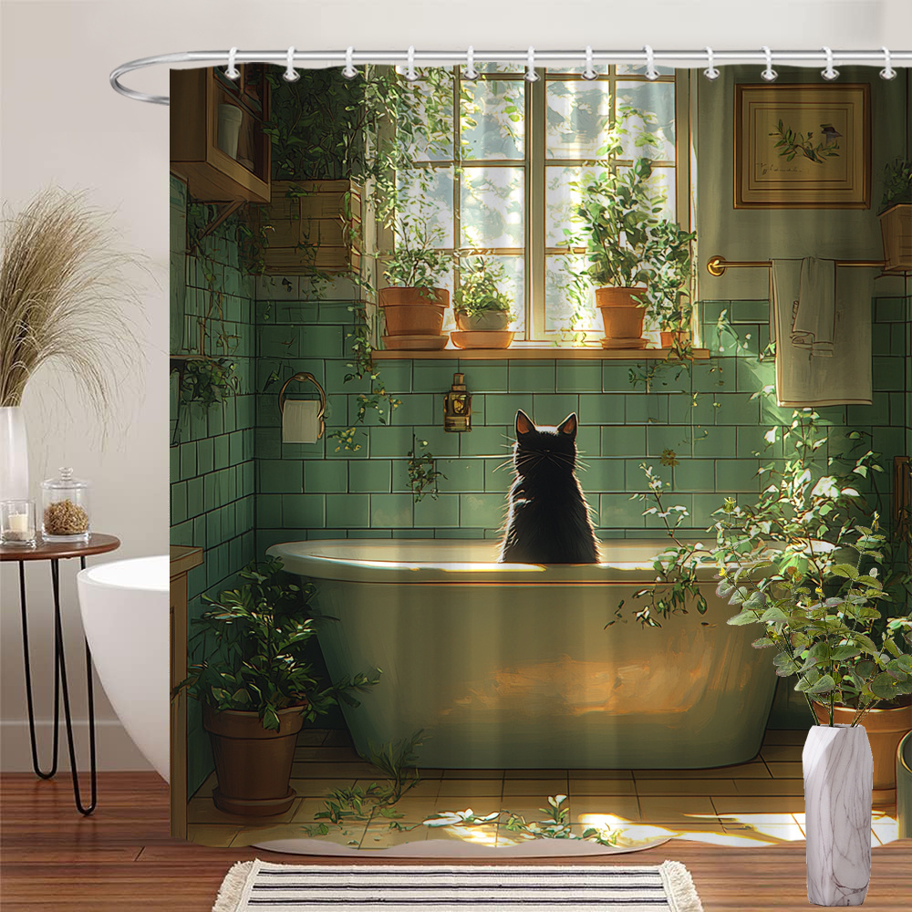 TEMU 1pc A Black Cat In A Bathroom Shower Curtain, Featuring A Vintage Green Bathtub, A Large Window With Climbing Plants, Teal- Walls, And A Wooden