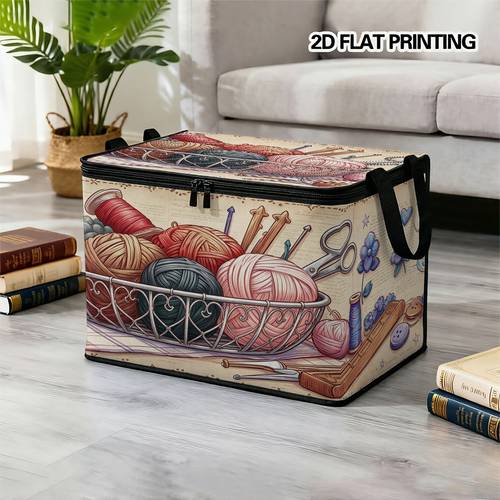 1pc extra large foldable zippered storage box featuring a vintage knitted sewing tools bowl print design suitable for storing clothes pants and bedding ideal for holiday supplies under bed storage wardrobe organization