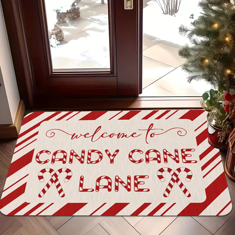 TEMU 1pc Candy Cane Welcome Mat - Plush Soft Thick Mat With -slip Backing, Striped Candy Cane Design & "welcome To Candy Cane " Lettering - /outdoor