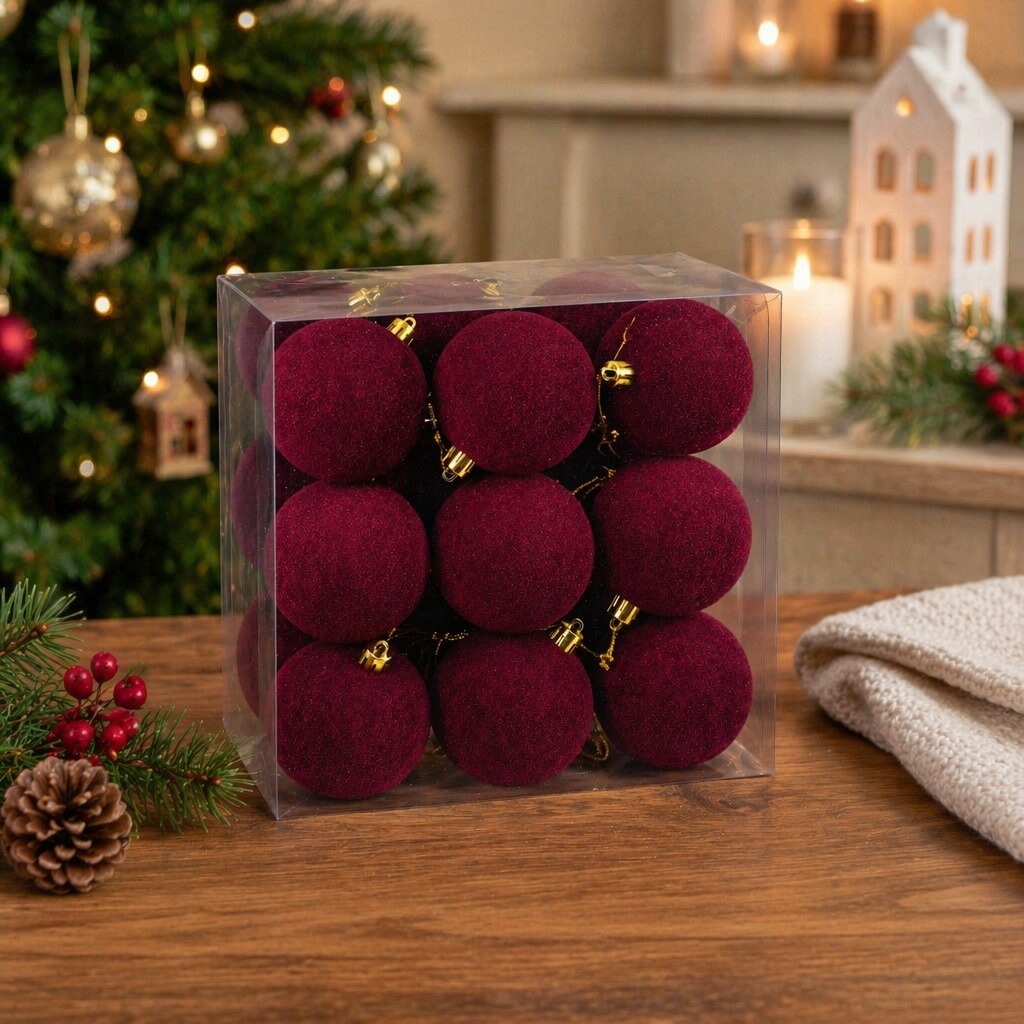 18 pack burgundy flocked christmas ball ornaments 6cm shatterproof velvet texture hanging baubles with pre attached strings for farmhouse xmas tree wreath   decor