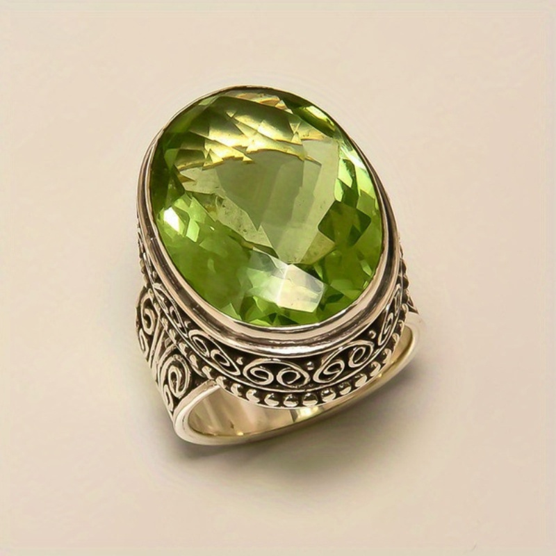 

Elegant Vintage Style Synthetic Peridot Oval Ring, Alloy Single Ring With Intricate Design, Unisex Fashion Accessory, Ideal For & Gift, Sizes 6