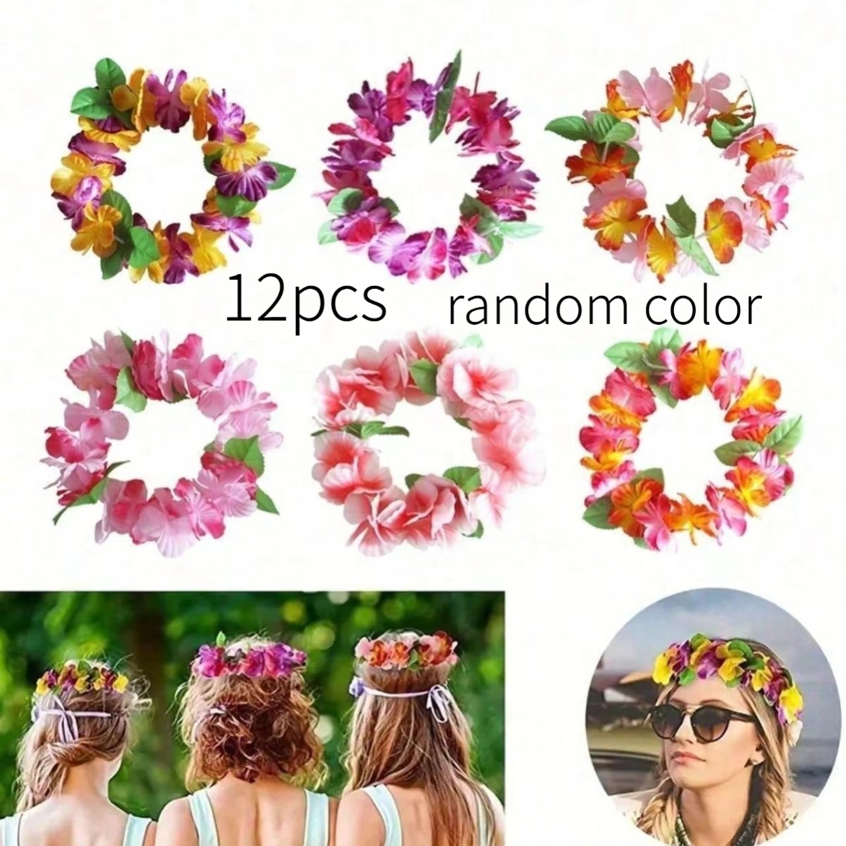 Image of 12pcs Hawaiian Flower Headband - Tropical Hawaii Luau Leaf Crown Wreath Floral Headpiece Hair Hoops - Women's Summer Beach Vacation Party Decoration Cosplay Costume Hair Accessories Random Color