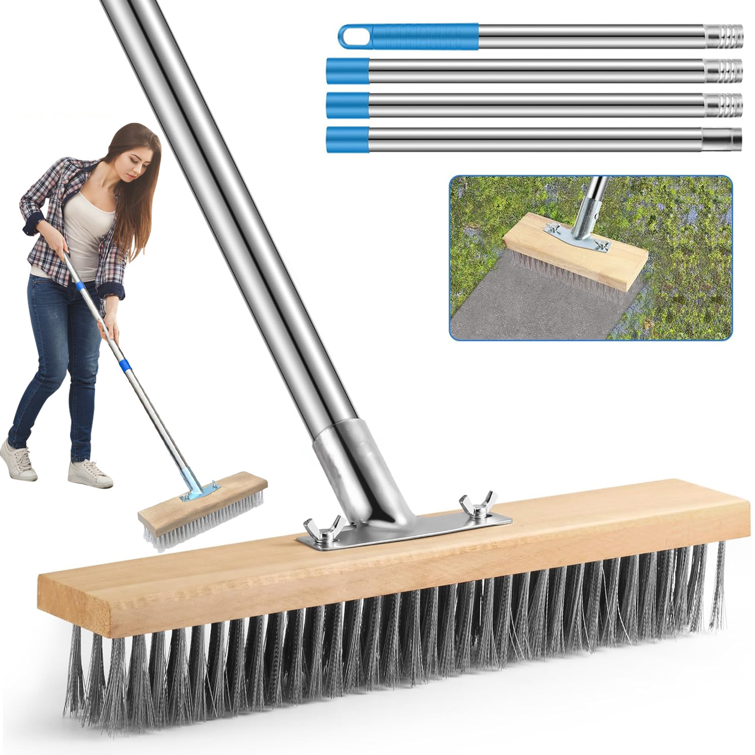 E-shop Robuste Edelstahl-Drahtbürste mit 160 cm langem Griff & Metallborsten – Höhenverstellbarer ergonomischer Griff für Decke, Beton, Terrasse,
