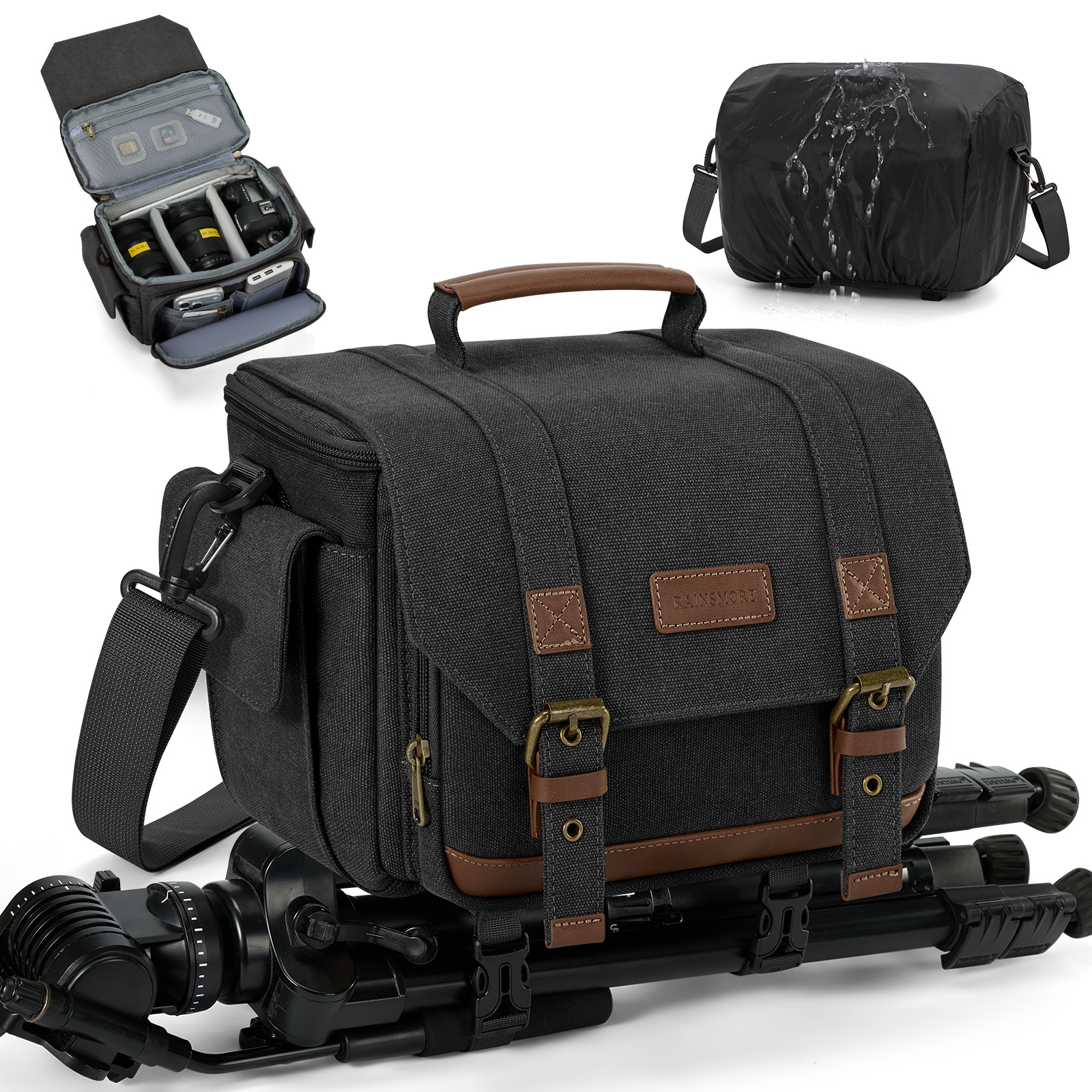 Image of Rainsmore Vintage Camera Sling Bag, Canvas Dslr Mirrorless Crossbody Bag With 10mm Shockproof Padding And Tripod Holder, Photography Shoulder Messenger Bag For Men Women Black